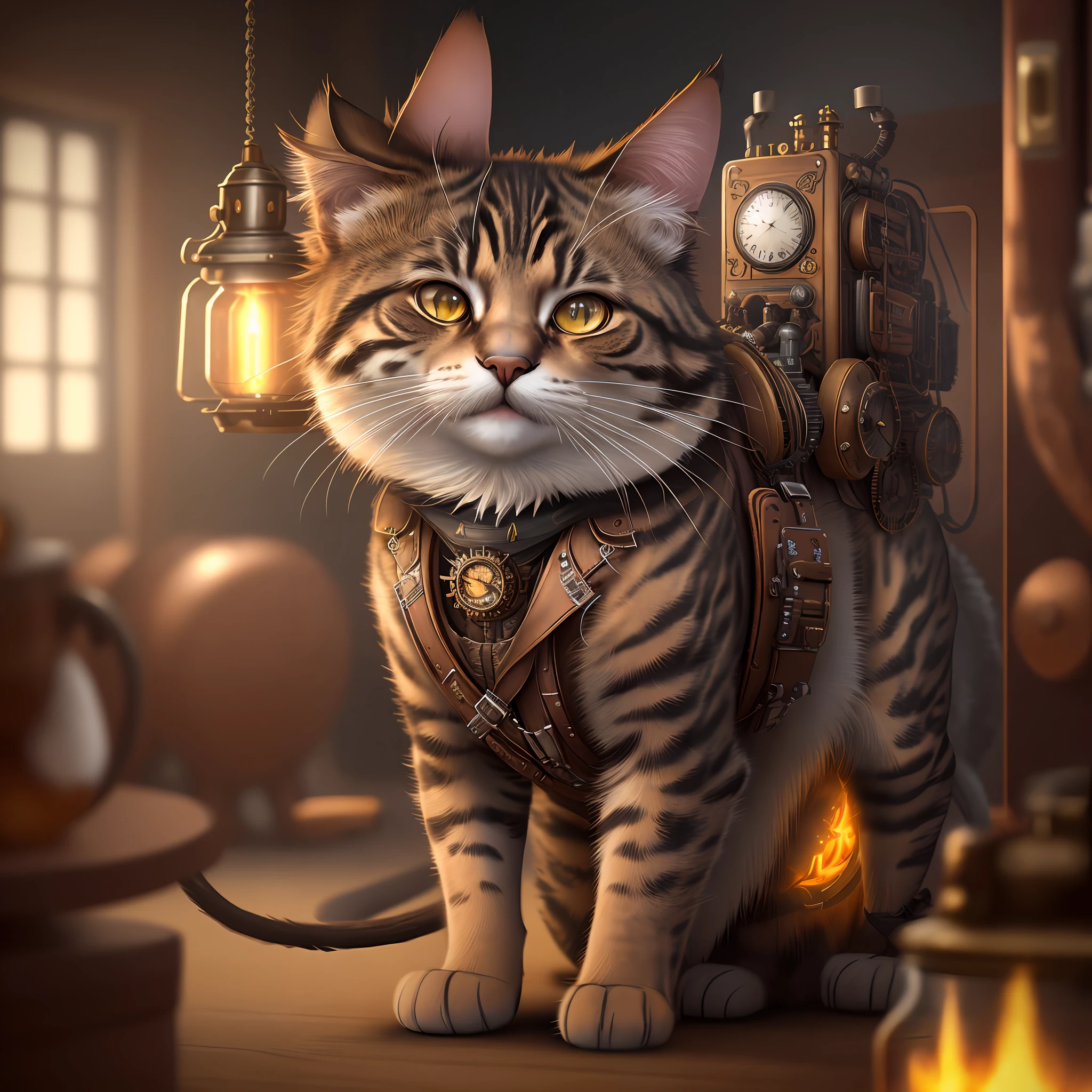 steampunk cat, octane render, hyper realistic,