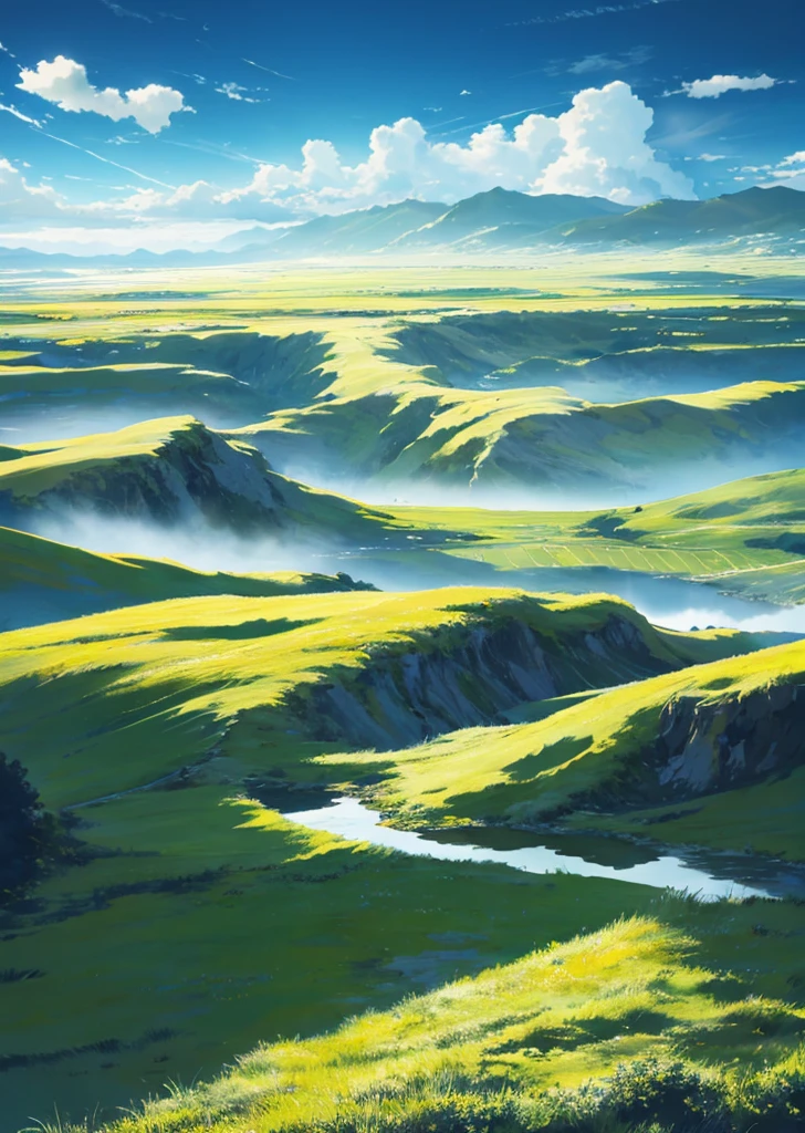 Vast sky, large grassland, moving visual effects, colorful natural light.