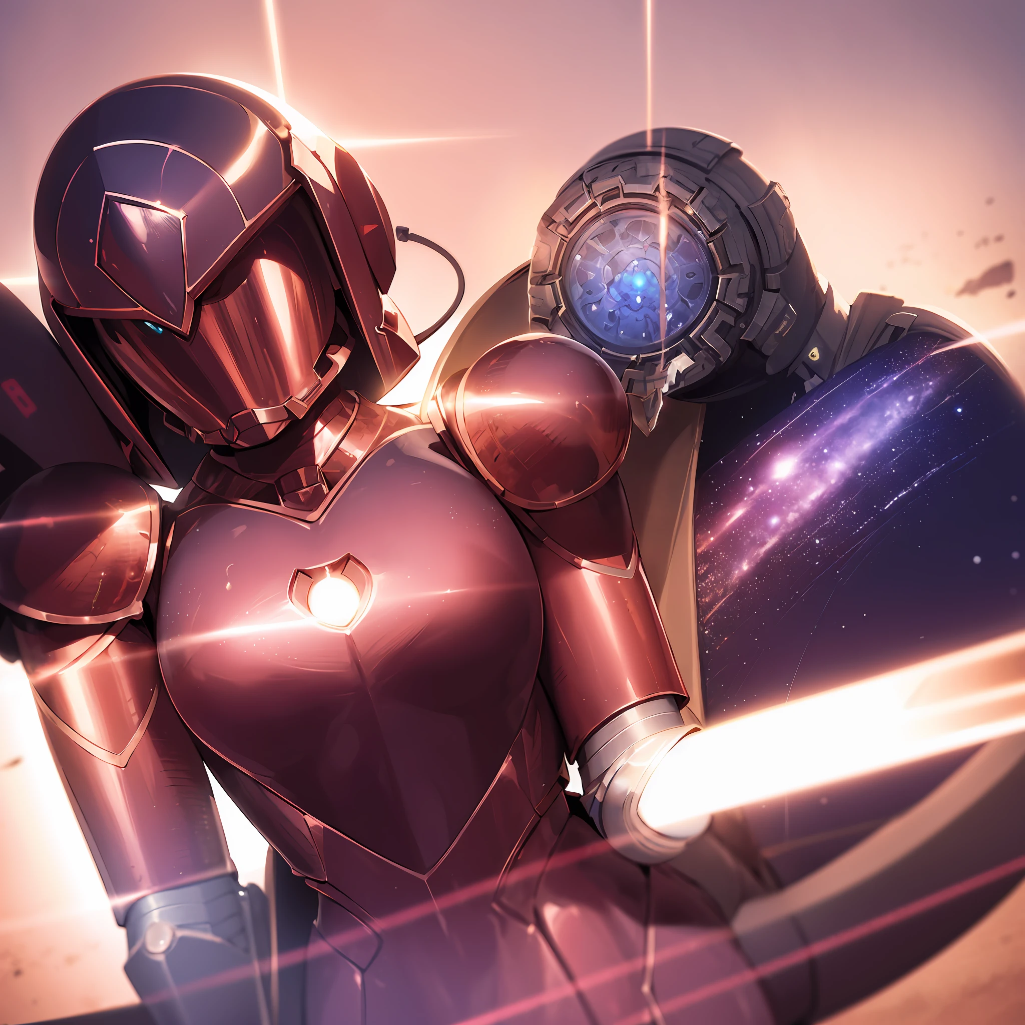 Portrait of a space warrior woman, distinctly feminine, red and blue heavy armor, in the desert, detailed, cinematic composition, power armor, intricate detail, eerie, highly detailed, 8k, by artgerm and greg rutkowski and alphonse mucha art, poor quality photo, blurry, reflective metal