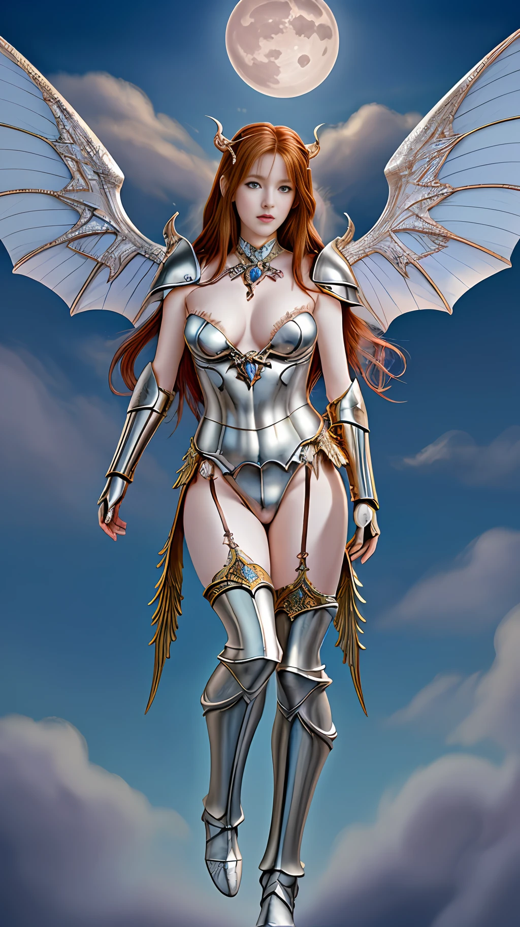 ((best quality)), ((masterpiece)), (detailed), alluring succubus, ethereal beauty, perched on a cloud, (fantasy illustration:1.3), enchanting gaze, captivating pose, delicate wings, otherworldly charm, mystical sky, (Luis Royo:1.2), (Yoshitaka Amano:1.1), moonlit night, soft colors, (detailed cloudscape:1.3), (high-resolution:1.2)*(ultra-detailed),Full image , A beautiful lady warrior wear gold and silver armer ,full body detail real human skin,good anatomy ,perfect blue eyes,reddish hair detail
