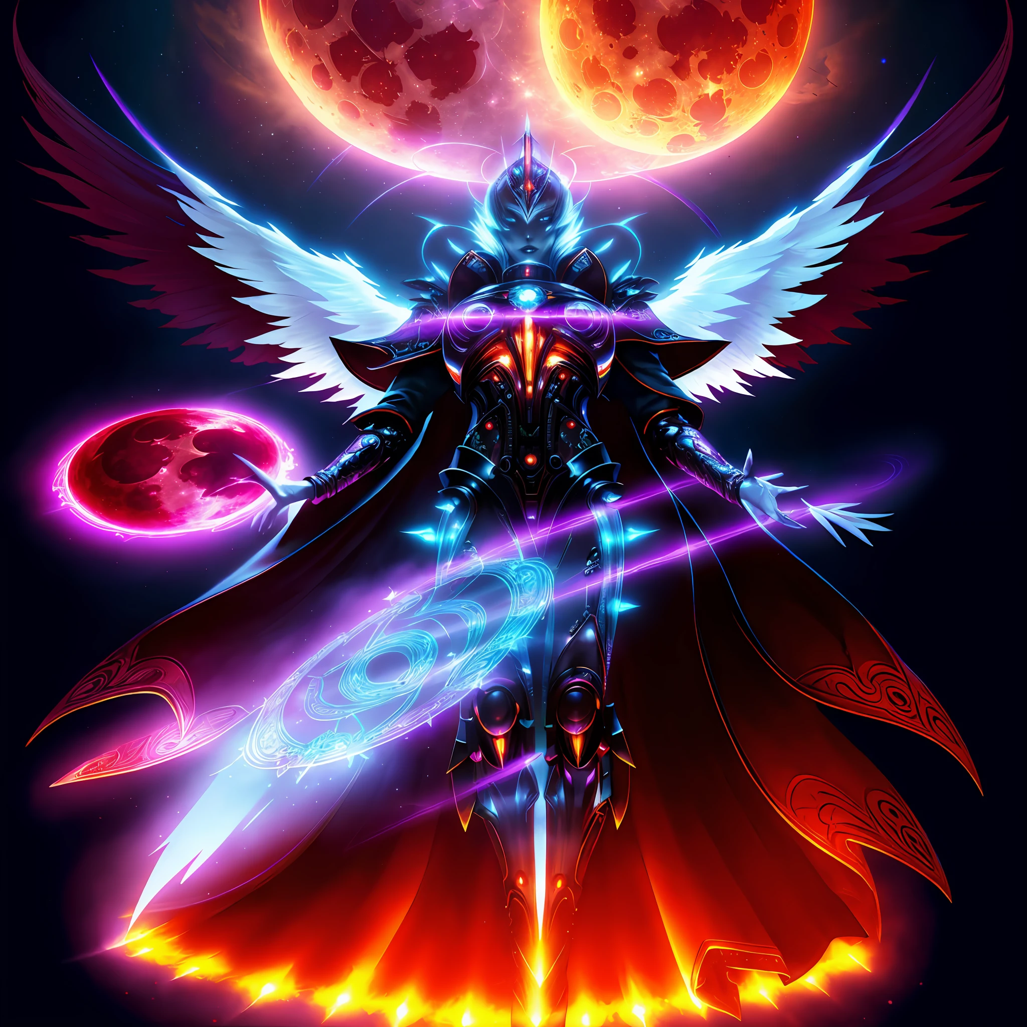 android mechanical lich:Evil Celestial Glow, robot wings,earnst haeckel, james jean. generative art, baroque, intricate patterns, fractalism, movie still, photorealistic, intricate, elegant, highly detailed, artstation, smooth, sharp focus, illustration, outrun, vaporware,full body shot, demonic energy holding different monsters, angle from below, Evil laugh:Exuberant, cinematic lighting, ((blood moon in background lighting scene))