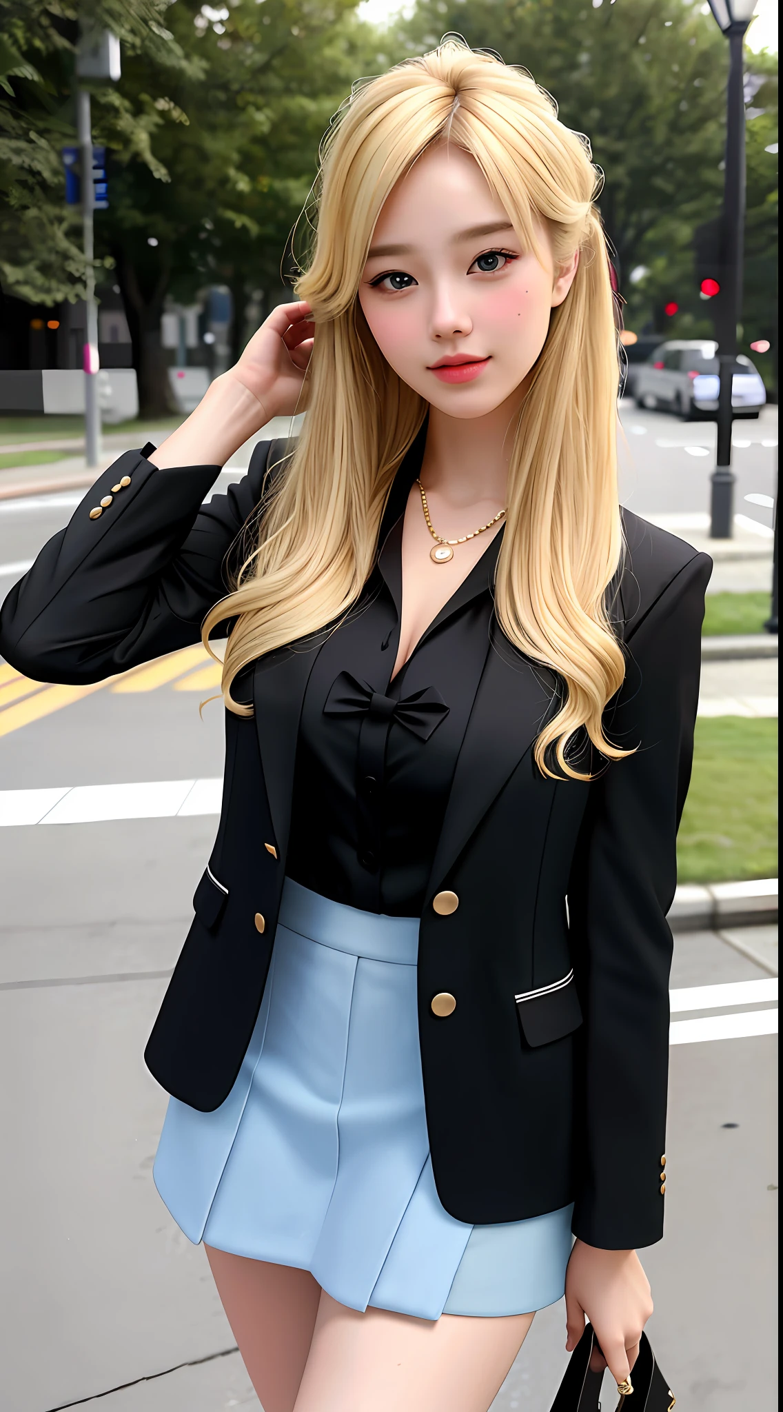 best quality, masterpiece, 1girl, Beautiful face, (blonde hair), (photo realistic:1.3), rim lighting, (high detailed skin:1.2), 8k uhd, dslr, high quality, high resolution, 4k, 8k, Bokeh,  absurdres, best ratio four finger and one thumb, (realistic:1.3), ulzzang, cute kawaii 1girl, wearing black formal blazer, medium breasts, short skirt,