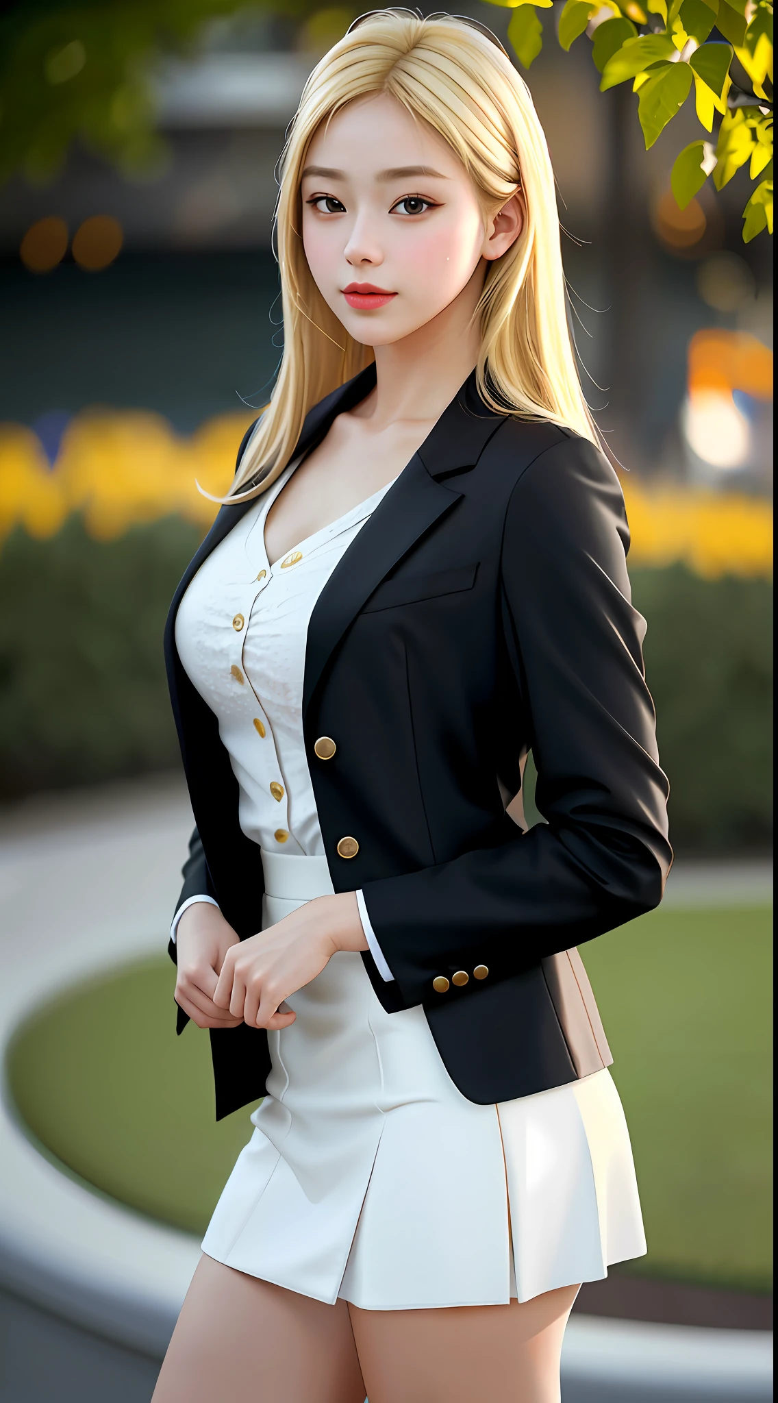 best quality, masterpiece, 1girl, Beautiful face, (blonde hair), (photo realistic:1.3), rim lighting, (high detailed skin:1.2), 8k uhd, dslr, high quality, high resolution, 4k, 8k, Bokeh, absurdres, best ratio four finger and one thumb, (realistic:1.3), ulzzang, cute kawaii 1girl, wearing black formal blazer, medium breasts, short skirt,