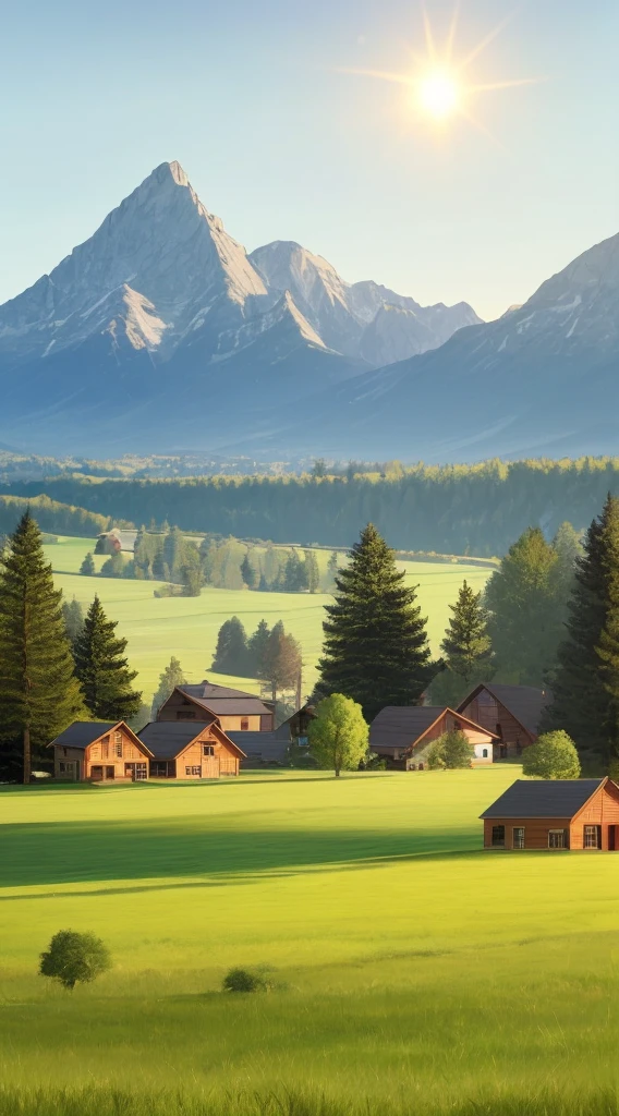 Meadows, low trees, mountains in the distance, sunny days, houses, vistas