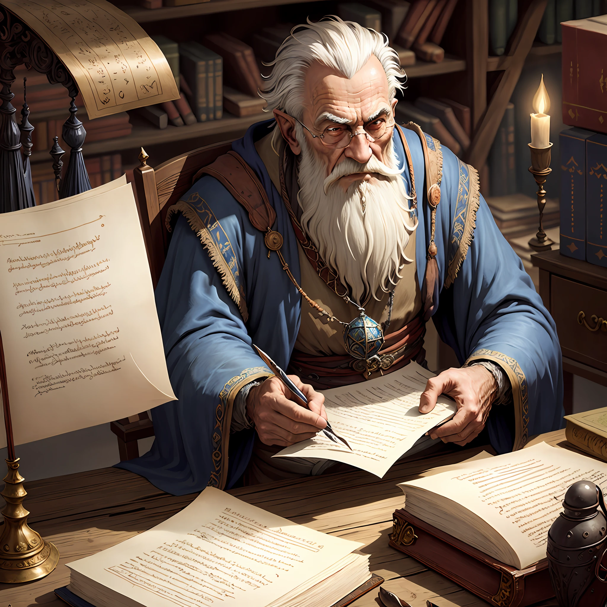 Medieval imangem, fantasy, old man wizard working on a document copier in a library with a lot of technology and extreme realism