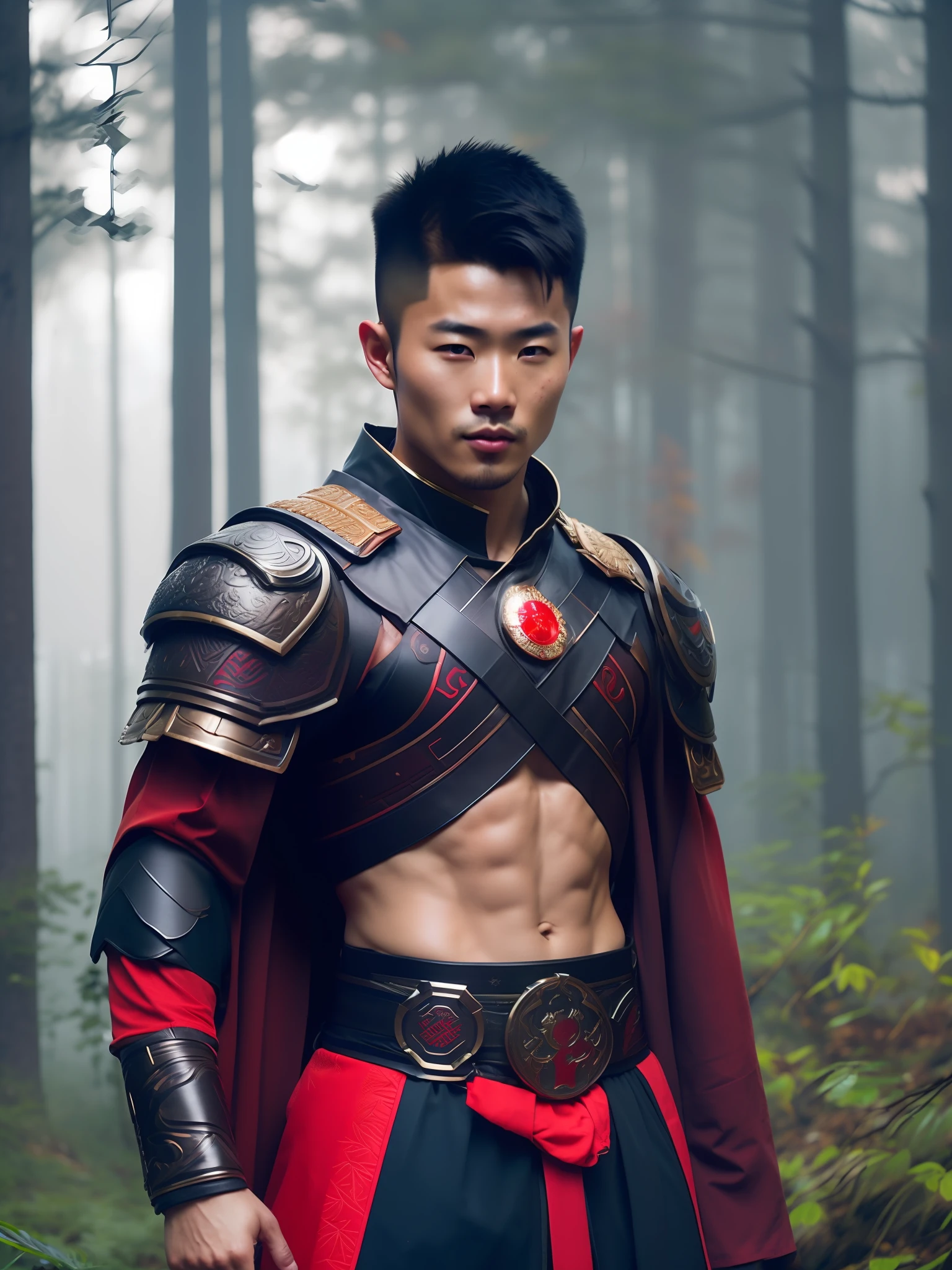 fking_scifi, fking_scifi_v2, portrait of a young, muscular very handsome and attractive Chinese warrior man, in front of a foggy forest, very short messy hair, hairy body, rich colorful clothes, and chinese jewelry, close up, regal pose and attitude. fking_cinema_v2.