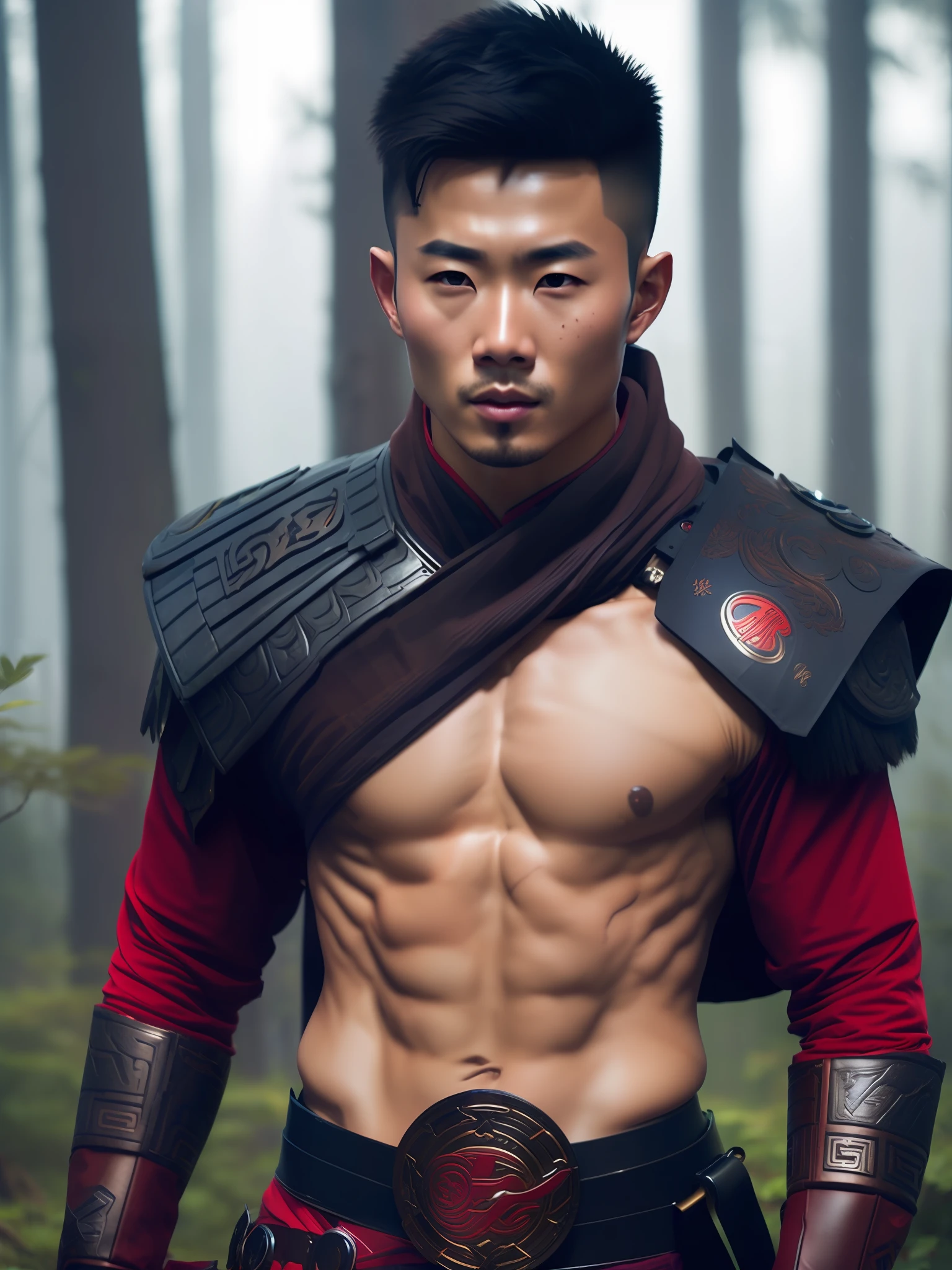 fking_scifi, fking_scifi_v2, portrait of a young, muscular very handsome and attractive Chinese warrior man, in front of a foggy forest, very short messy hair, hairy body, rich colorful clothes, and chinese jewelry, close up, regal pose and attitude. fking_cinema_v2.