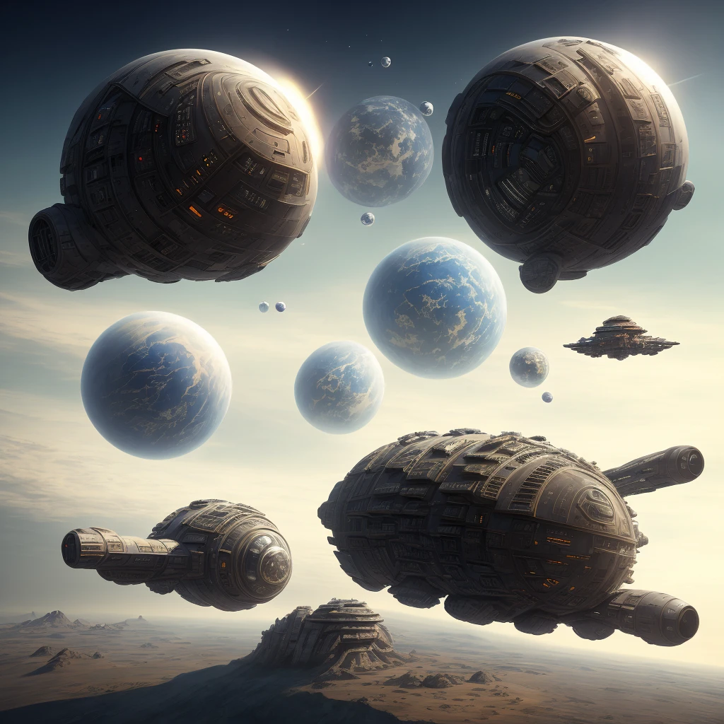 spaceship flying over a planet with a blue sky and stars, big ship in space, scifi space station, homeworld style, megastructure in the background, homeworld, no nostromo, nostromo, alien homeworld, epic megastructure, deep space superstructure, dyson sphere in space, background megastructure, inspired by Peter Elson