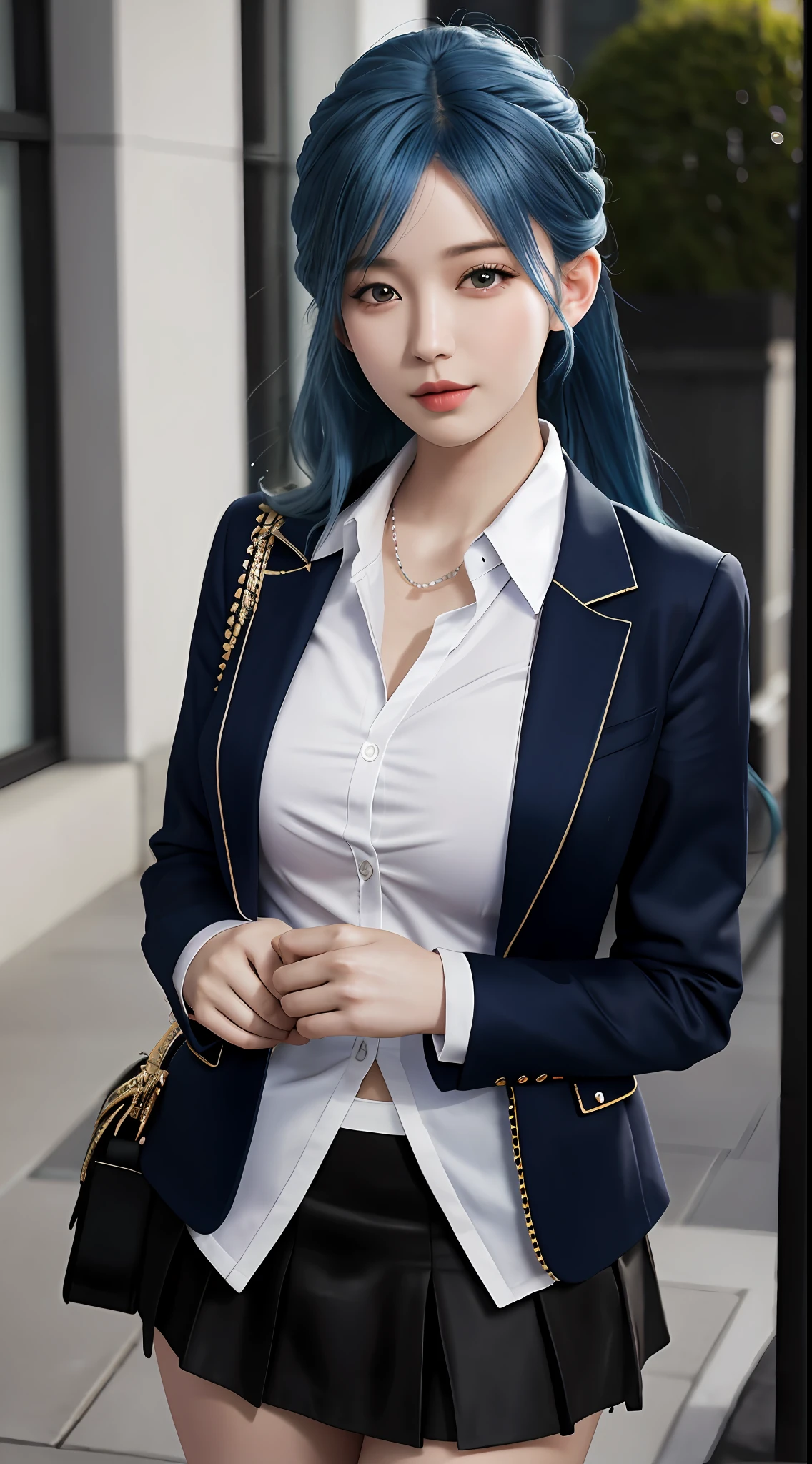 best quality, masterpiece, 1girl, Beautiful face, (blue hair), (photo realistic:1.3), rim lighting, (high detailed skin:1.2), 8k uhd, dslr, high quality, high resolution, 4k, 8k, Bokeh,  absurdres, best ratio four finger and one thumb, (realistic:1.3), ulzzang, cute kawaii 1girl, wearing black formal blazer, medium breasts, short skirt,