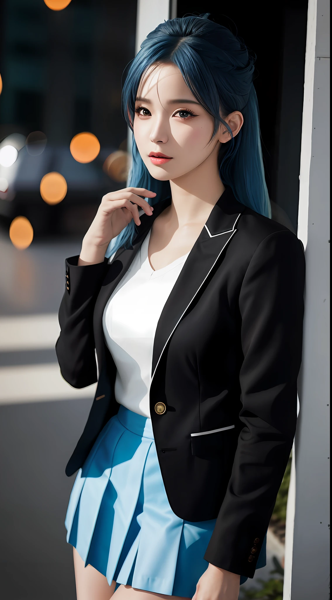 best quality, masterpiece, 1girl, Beautiful face, (blue hair), (photo realistic:1.3), rim lighting, (high detailed skin:1.2), 8k uhd, dslr, high quality, high resolution, 4k, 8k, Bokeh, absurdres, best ratio four finger and one thumb, (realistic:1.3), ulzzang, cute kawaii 1girl, wearing black formal blazer, medium breasts, short skirt,