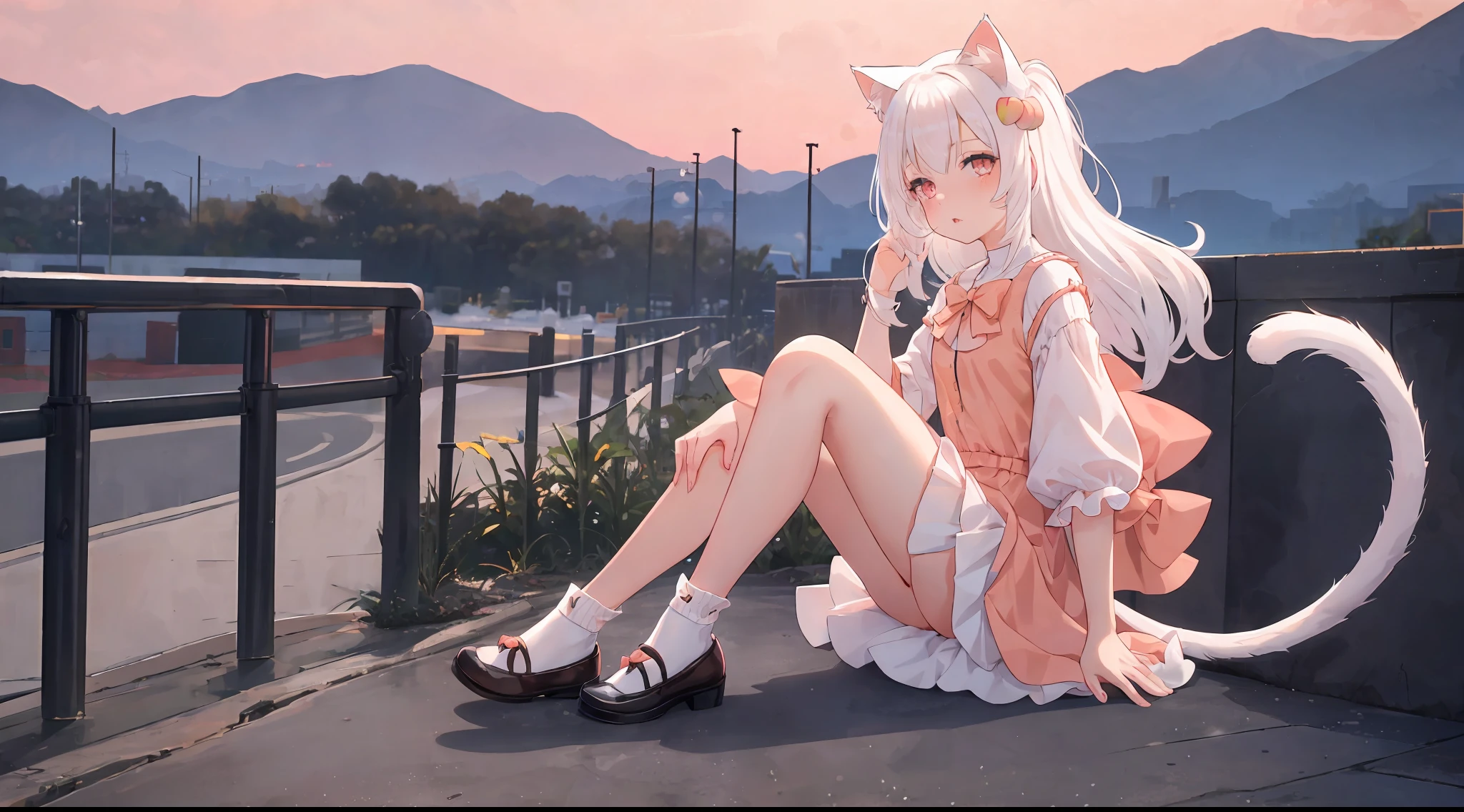 1girl, solo, white hair, (peach eyes: 1.8), masterpiece, best quality, looking at viewer, full body, adult, cat ears, cat tail, detailed, suprised expression, small breasts, comfortable clothes, hd, pixiv, 4k, detailed, hyperdetailed, socks, early morning, shoes