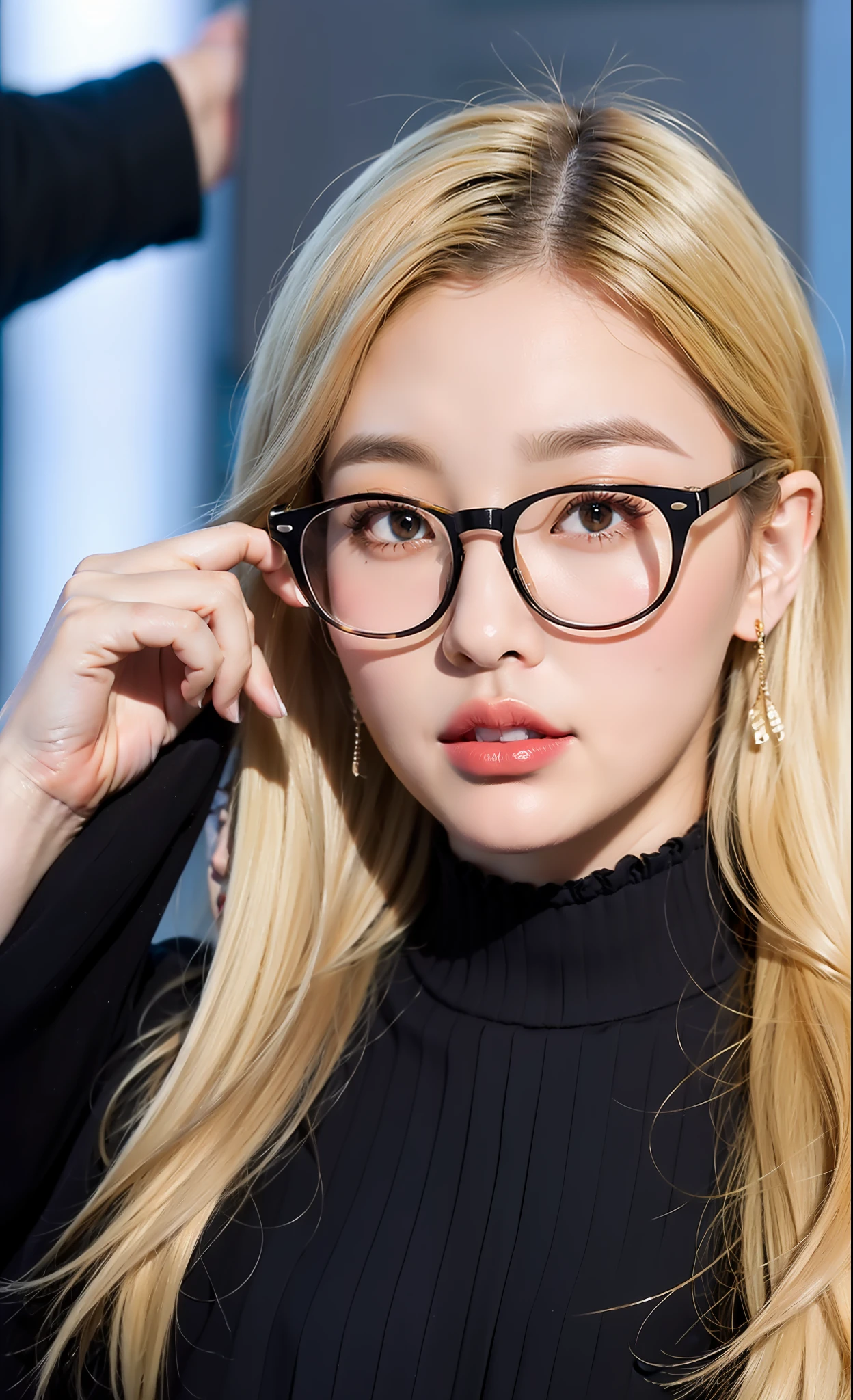 Beautiful Korean blonde girl, wearing glasses, standing among people, 8k, angle, text png | Maximum detail, maximum clarity