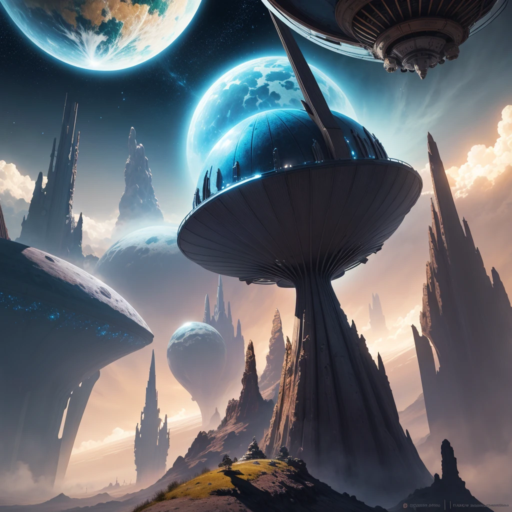 Fantasy futuristic planet surrounded by a spaceships