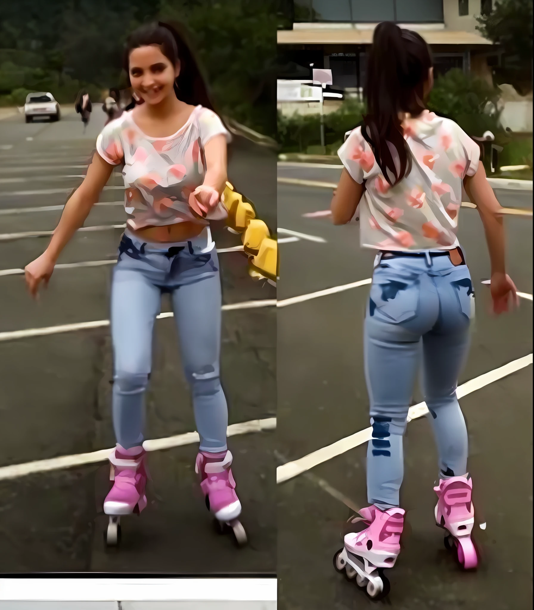 there are two pictures of a woman riding roller blades in a parking lot, rollerblading, roller skating, rollerskates, rollerblades, rollerskaters, rollerbladers, ( ( ( wearing jeans ) ) ), 85 mm, 85mm, 8 5 mm, butterfly roller skates, sketchy, 1 8 yo, selenar, 58mm