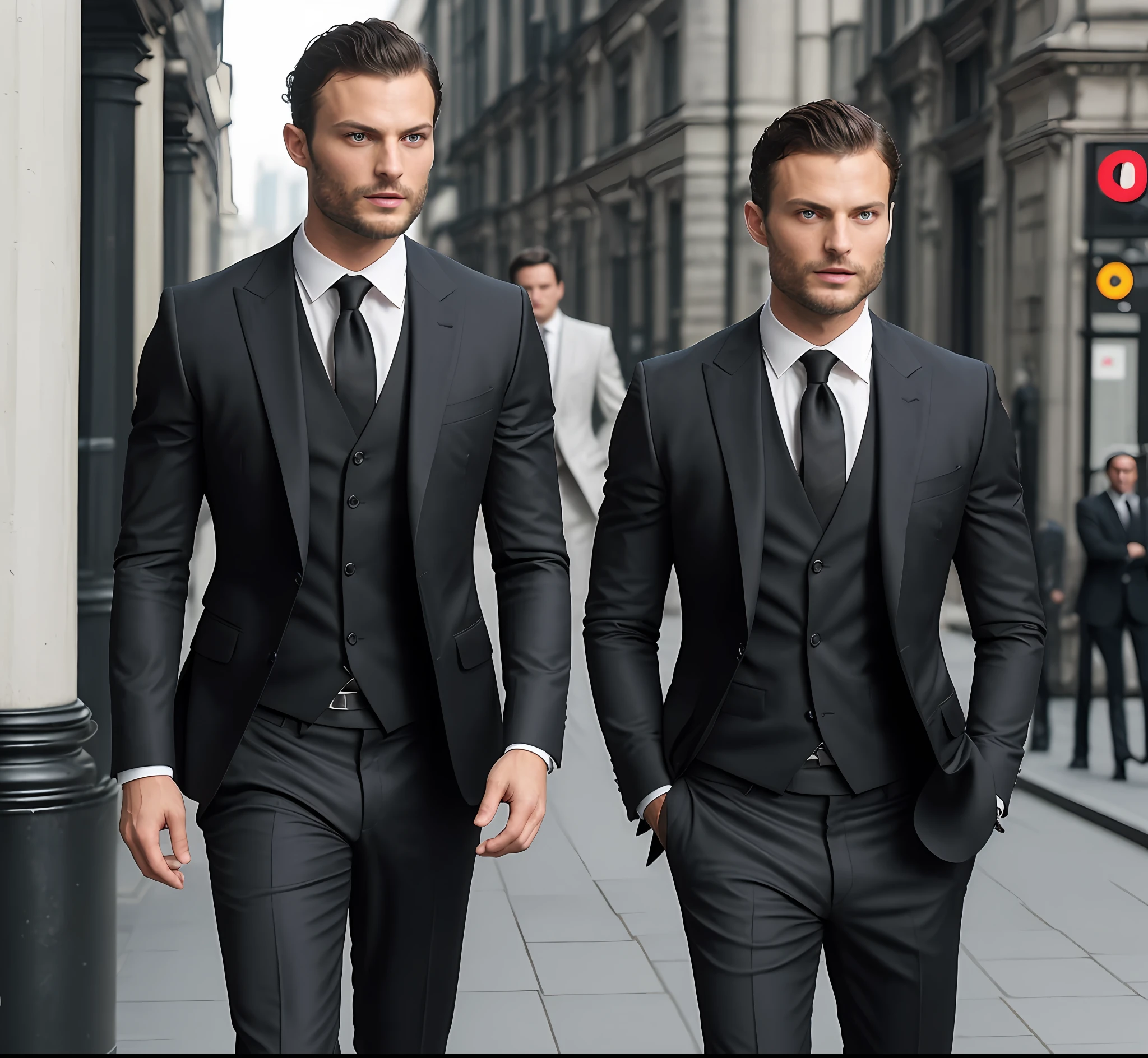 (create a ceo wearing black suit without tie), (tanned brunette with the symmetrical face of model), wearing beard, short dark hair, stylish and elegant, shaved and strong body fitted in the suit, show body, man similar to actor jamie dornan, (high quality and realistic image), in the background of the image city of london, cinematic style, ((Best quality,  8k, Masterpiece).