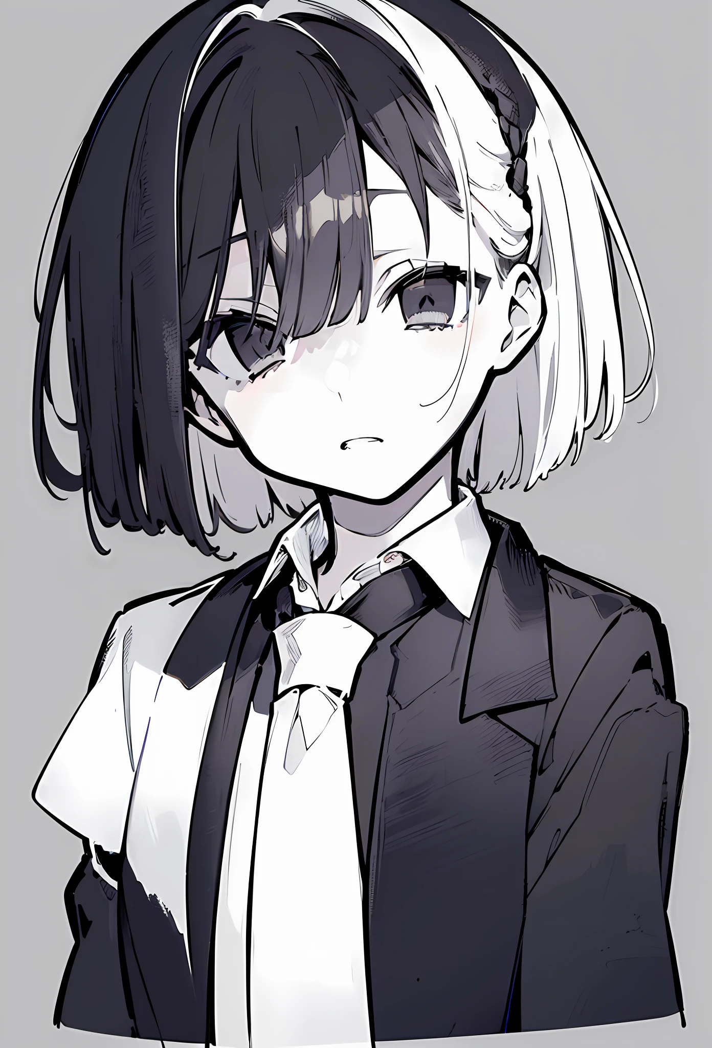 (((masterpiece, illustration, strong outlines)), monochrome, chiaroscuro, (simple background, transparent background, exotic simple background), a japanese girl, suit, black jacket, white shirt, black necktie, serious face, shaded face, hair between eyes, dead eyes, white hair, french braid, short hair, high contrast