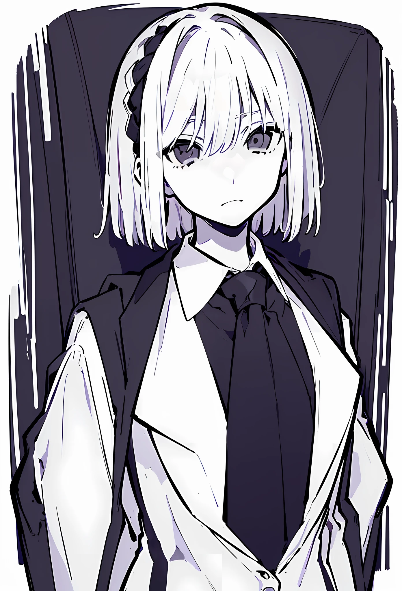 (((masterpiece, illustration, strong outlines)), monochrome, chiaroscuro, (simple background, transparent background, exotic simple background), a japanese girl, suit, black jacket, white shirt, black necktie, serious face, shaded face, hair between eyes, dead eyes, white hair, french braid, short hair, high contrast