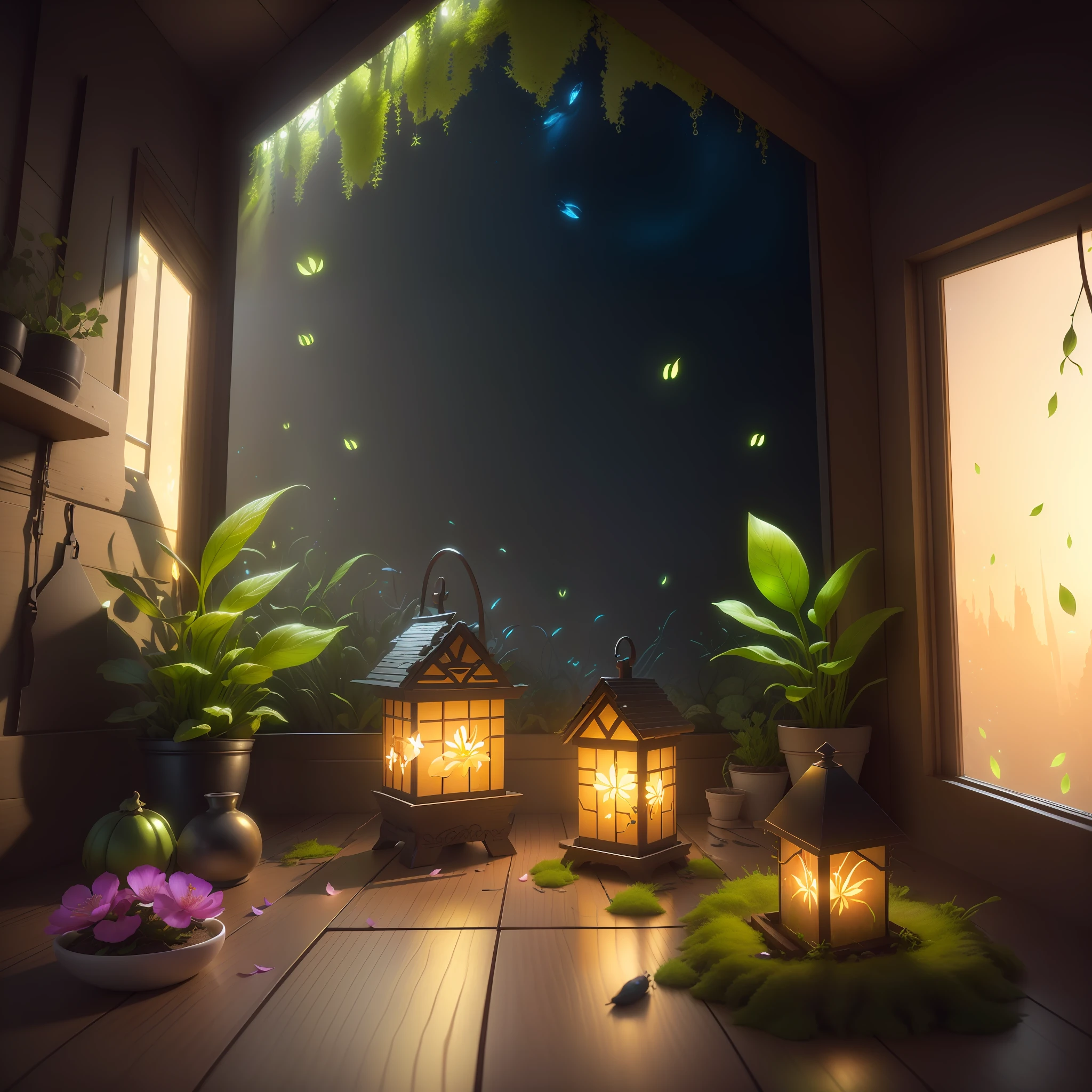Masterpiece, best quality, (very detailed CG unity 8k wallpaper), (best quality), (best illustration), (best shadow), a mossy radish house, warlight surrounding the room, fireflies, petals, glowing windows, isometric 3D, Octane rendering, ray tracing, ultra-detailed
