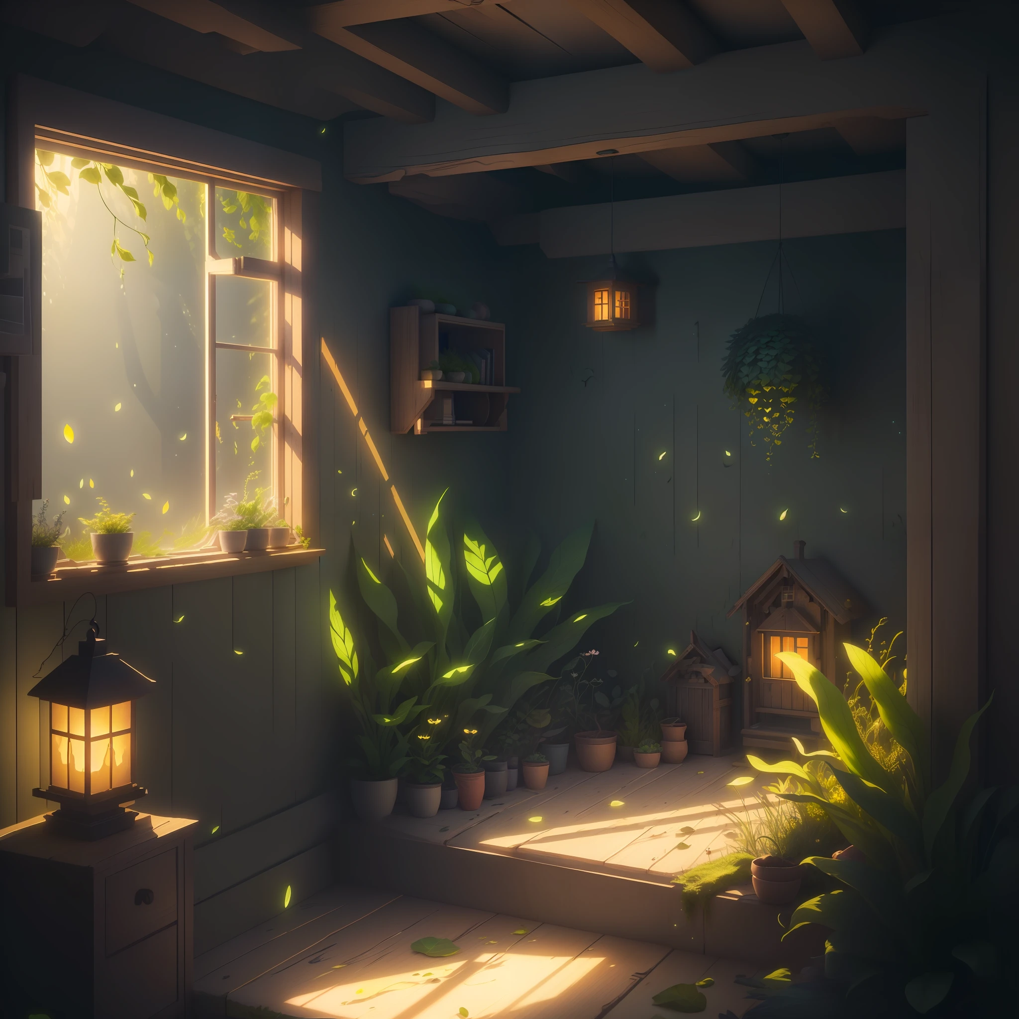 Masterpiece, best quality, (very detailed CG unity 8k wallpaper), (best quality), (best illustration), (best shadow), a mossy radish house, warlight surrounding the room, fireflies, petals, glowing windows, isometric 3D, Octane rendering, ray tracing, ultra-detailed