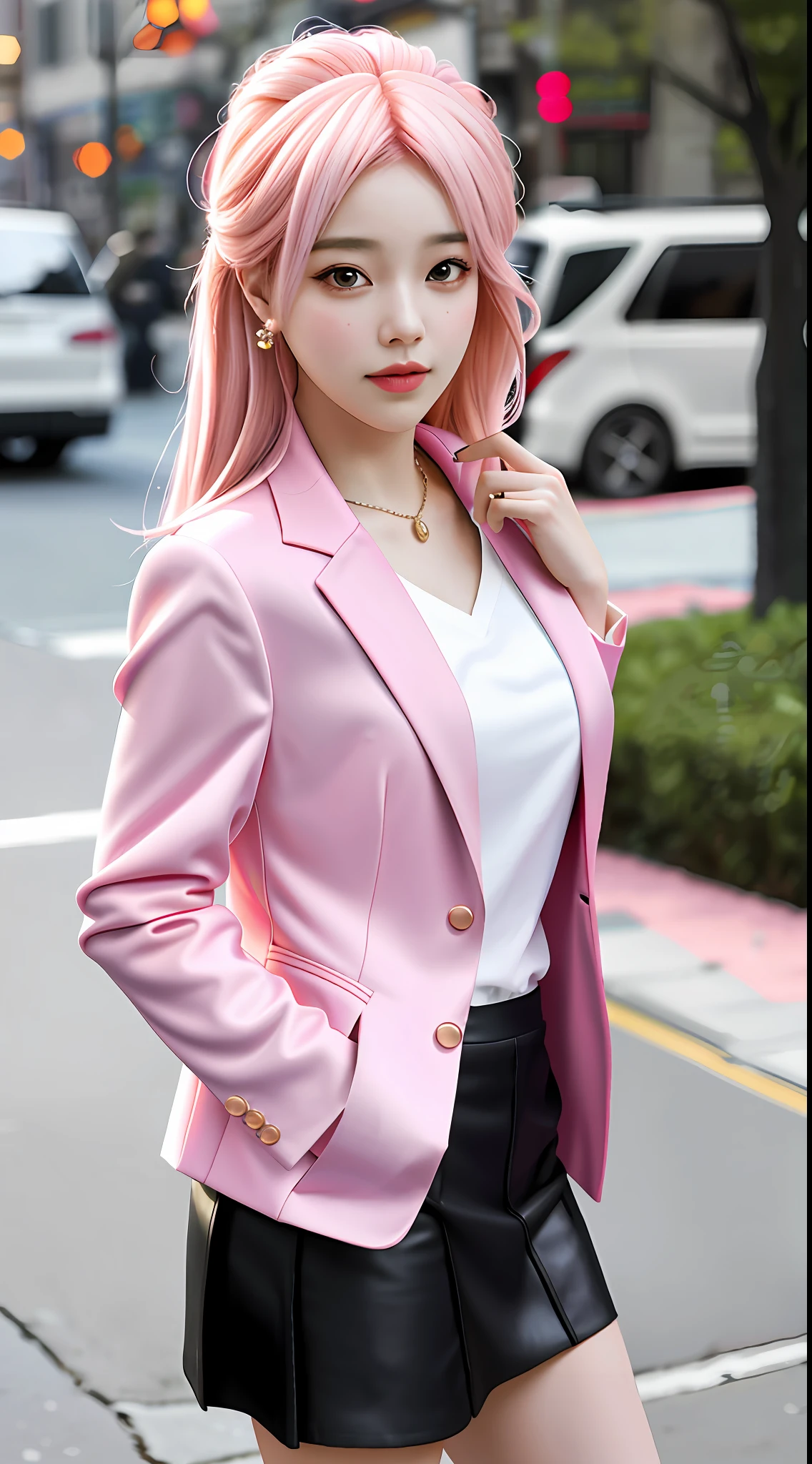 best quality, masterpiece, 1girl, Beautiful face, (pink hair), (photo realistic:1.3), rim lighting, (high detailed skin:1.2), 8k uhd, dslr, high quality, high resolution, 4k, 8k, Bokeh,  absurdres, best ratio four finger and one thumb, (realistic:1.3), ulzzang, cute kawaii 1girl, wearing black formal blazer, medium breasts, short skirt,