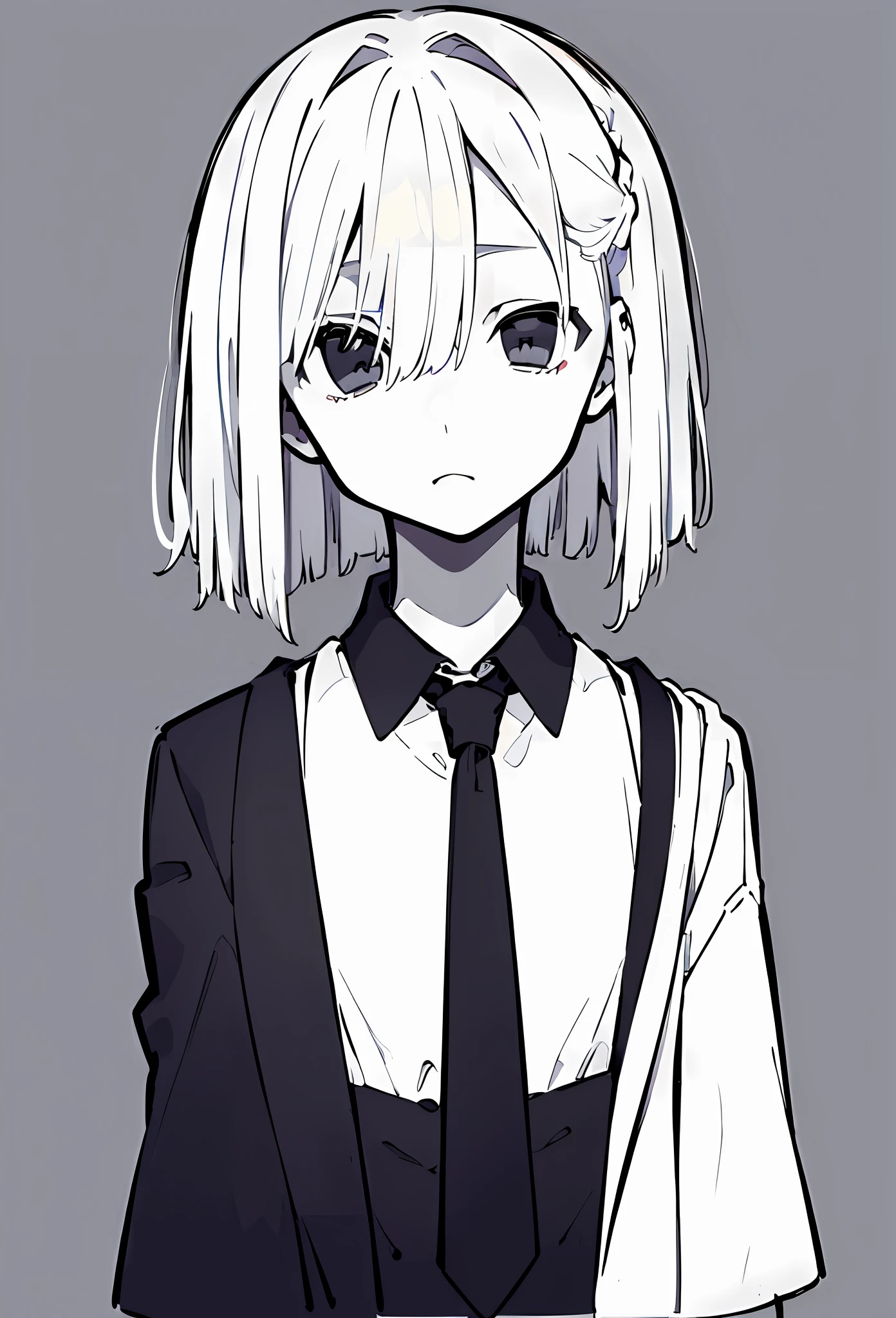 (((masterpiece, illustration, strong outlines)), monochrome, chiaroscuro, (simple background, transparent background, exotic simple background), a japanese girl, suit, black jacket, white shirt, black necktie, serious face, shaded face, hair between eyes, dead eyes, white hair, french braid, short hair, high contrast