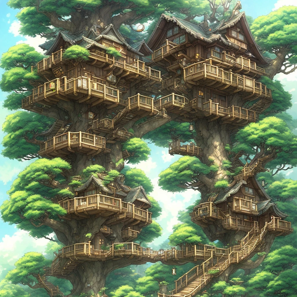 a tree house with a staircase leading to a balcony and a staircase leading to a second floor, cyberpunk tree house, tree house, treehouse, bonsai tree house, ghibli studio style, tree town, studio ghibli scheme, ghibli studio anime style, pine treehouse, ghibli studio art, ghibli art style, the battle for the treehouse, in a tree house, ghibli style