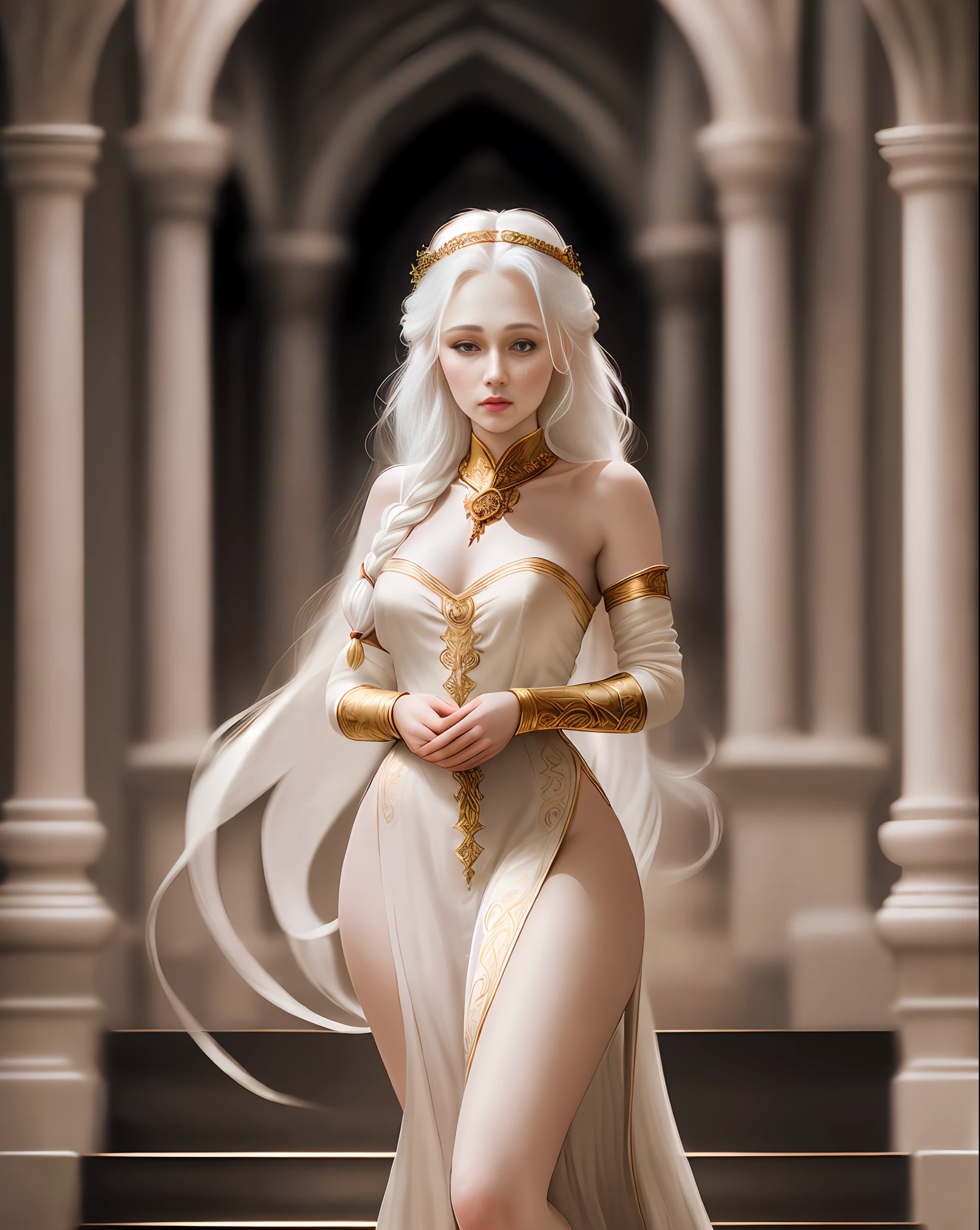 Princess Rhaenyra Targaryen, medium breasts, pale skin, stunning beauty, perfect face, rosy cheeks, sensual, provocative, long veiled white hair, braid in the hair, a long and low-cut black dress, decorated with gold details, long neckline, (a beautiful medieval castle rich in detail, luxurious, large halls, red tans, marble staircases and columns), (Best quality, blurred background,  masterpiece, depth of field, 85mm lens, blur at f1.4, Full HD, 4K, richness of detail). Portrait style