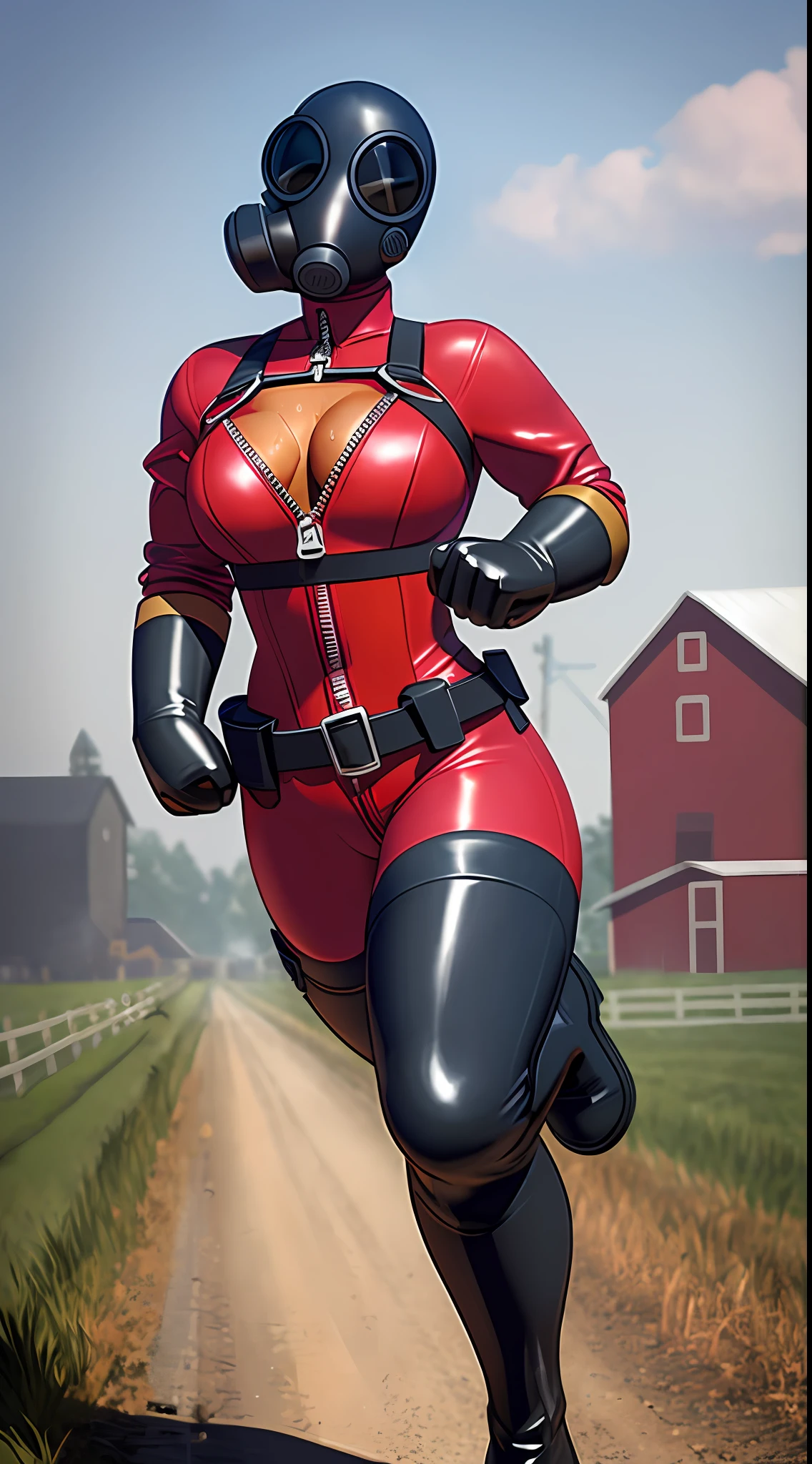 1girl, solo, gas mask, mask, gloves, thighhighs, belt, harness, boots, red bodysuit, skin tight, zipper, pose, high detail, high resolution, raw photo, outside on farm, cleavage, (running), hot, breath, sweat