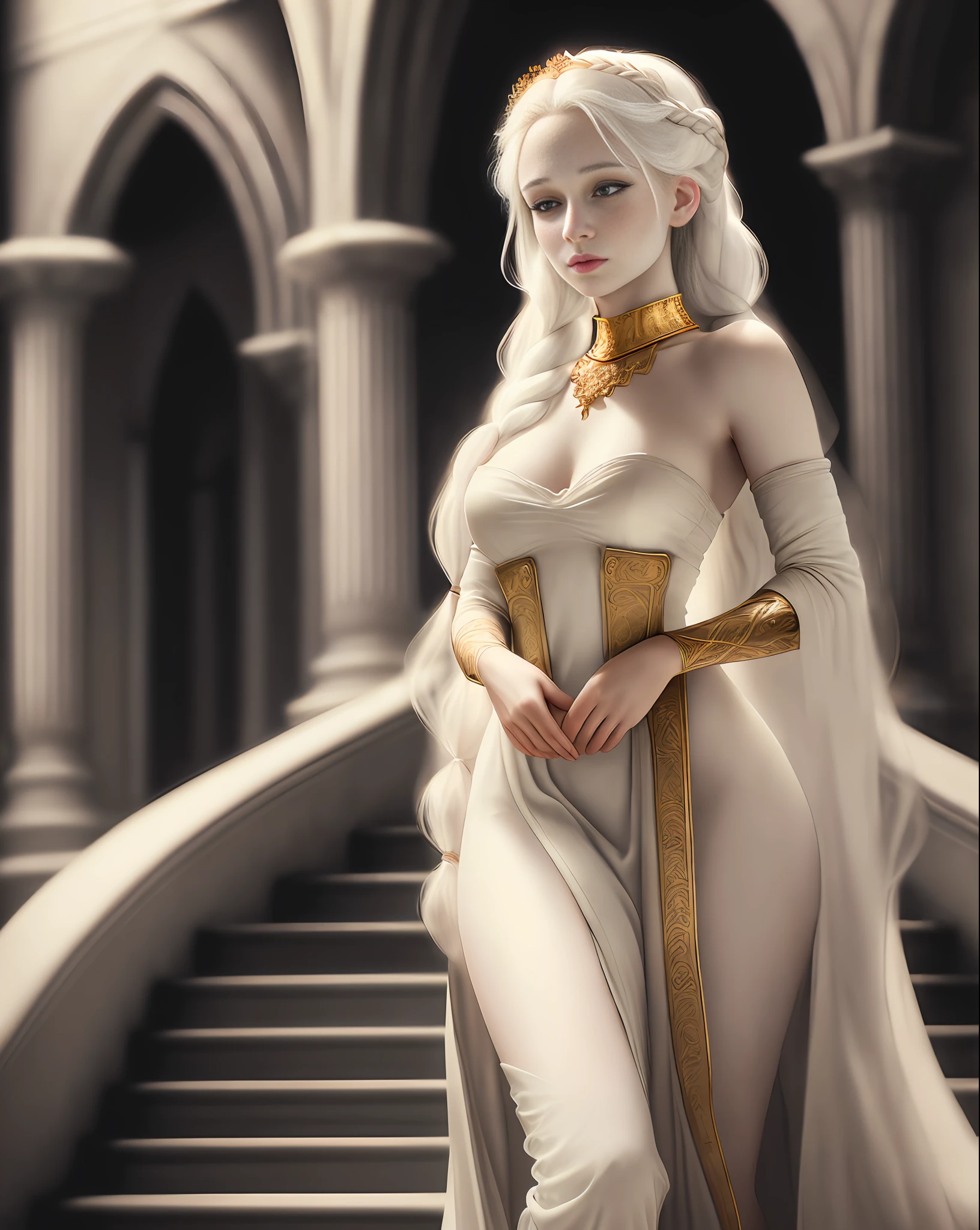 Princess Rhaenyra Targaryen, medium breasts, pale skin, stunning beauty, perfect face, rosy cheeks, sensual, provocative, long veiled white hair, braid in the hair, a long and low-cut black dress, decorated with gold details, long neckline, (a beautiful medieval castle rich in detail, luxurious, large halls, red tans, marble staircases and columns), (Best quality, blurred background, masterpiece, depth of field, 85mm lens, blur at f1.4, Full HD, 4K, richness of detail). Portrait style