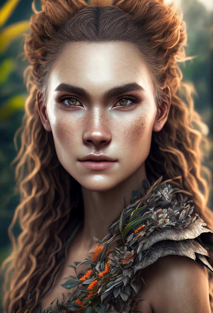 ultra realistic photography, perfectly centered medium upper shot of Aloy from horizon zero dawn, creatures from horizon zero dawn jungle cliffs in the background, looking at viewer, fashion pose, extremely detailed eyes, detailed symmetric realistic face, extremely detailed natural texture, detailed peach fuzz, messy hair, masterpiece, absurdres, award winning photo by lee jeffries, nikon d850 film stock photograph, kodak portra 400 camera f1.6 lens,  depth of field, extremely detailed, amazing, fine detail, rich colors, hyper realistic lifelike texture, dramatic lighting, unrealengine, trending on artstation, cinestill 800 tungsten, photo realistic, RAW photo, TanvirTamim, high quality, highres, sharp focus, extremely detailed, cinematic lighting, 8k uhd, high definition, cinematic, neoprene, behance contest winner, featured on unsplash, cgsociety, unreal engine 5, ultra sharp focus