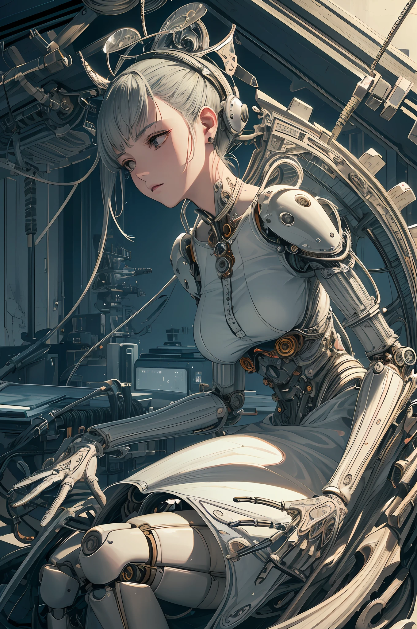 (((masterpiece))), (((best quality))), ((ultra-detailed)), (highly detailed CG illustration), ((an extremely delicate and beautiful)),(from side),cinematic light,((1mechanical girl)),solo,full body,(machine made joints:1.2),((machanical limbs)),(blood vessels connected to tubes),(mechanical vertebra attaching to back),((mechanical cervial attaching to neck)),(sitting),expressionless,(wires and cables attaching to neck:1.2),(wires and cables on head:1.2)(character focus),science fiction,extreme detailed,colorful,highest detailed