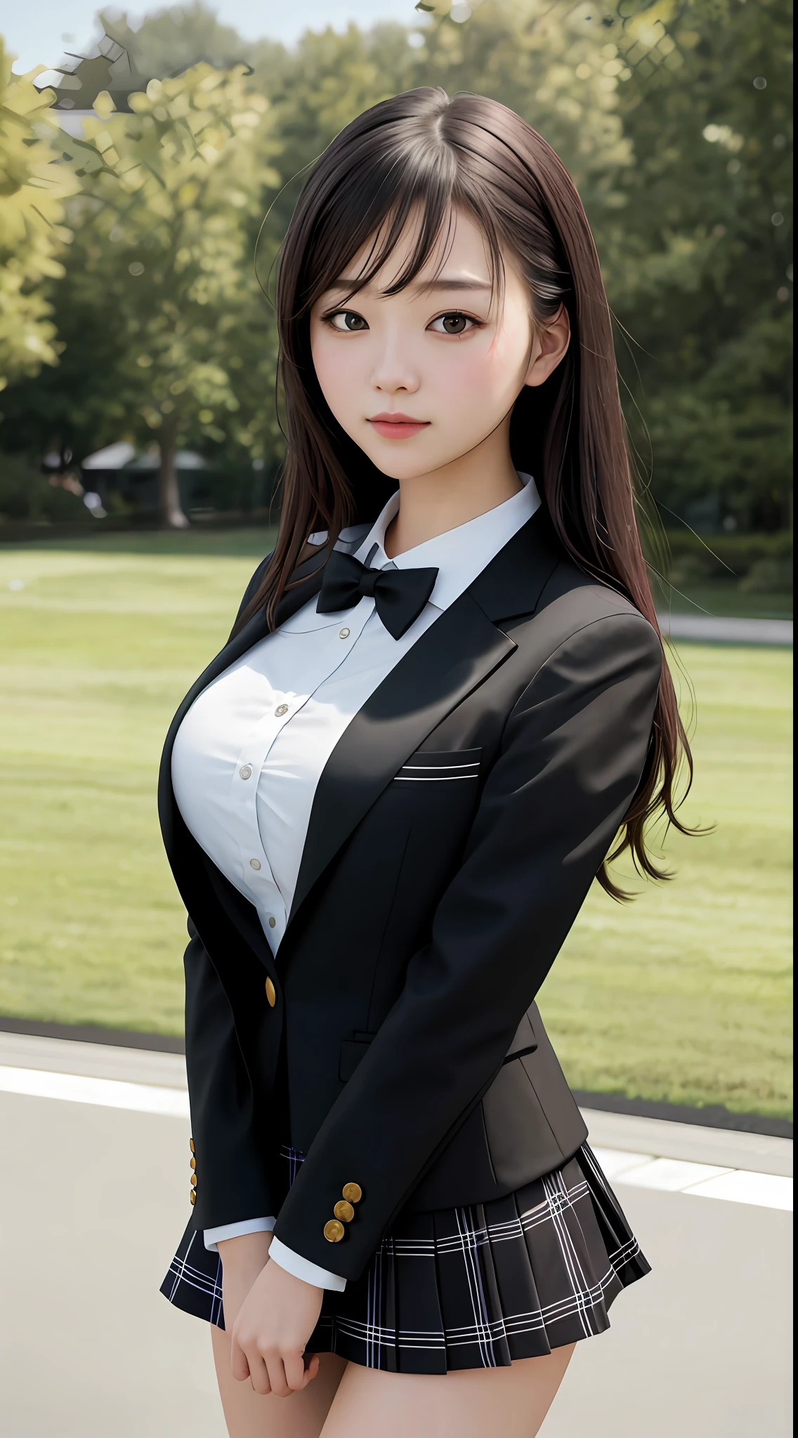 best quality, masterpiece, 1girl, Beautiful face, (photo realistic:1.3), rim lighting, (high detailed skin:1.2), 8k uhd, dslr, high quality, high resolution, 4k, 8k, Bokeh, absurdres, best ratio four finger and one thumb, (realistic:1.3), ulzzang, cute kawaii 1girl, wearing black formal blazer, medium breasts, short skirt,