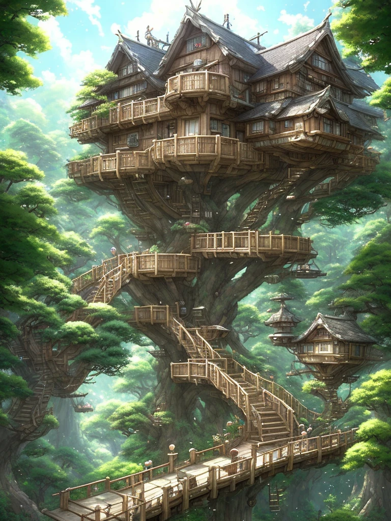 a tree house with a staircase leading to a balcony and a staircase leading to a second floor, concept art by Yoshihiko Wada, pixiv contest winner, fantasy art, cyberpunk tree house, tree house, treehouse, bonsai tree house, ghibli studio style, tree town, studio ghibli scheme, ghibli studio anime style, pine treehouse, ghibli studio art, ghibli art style