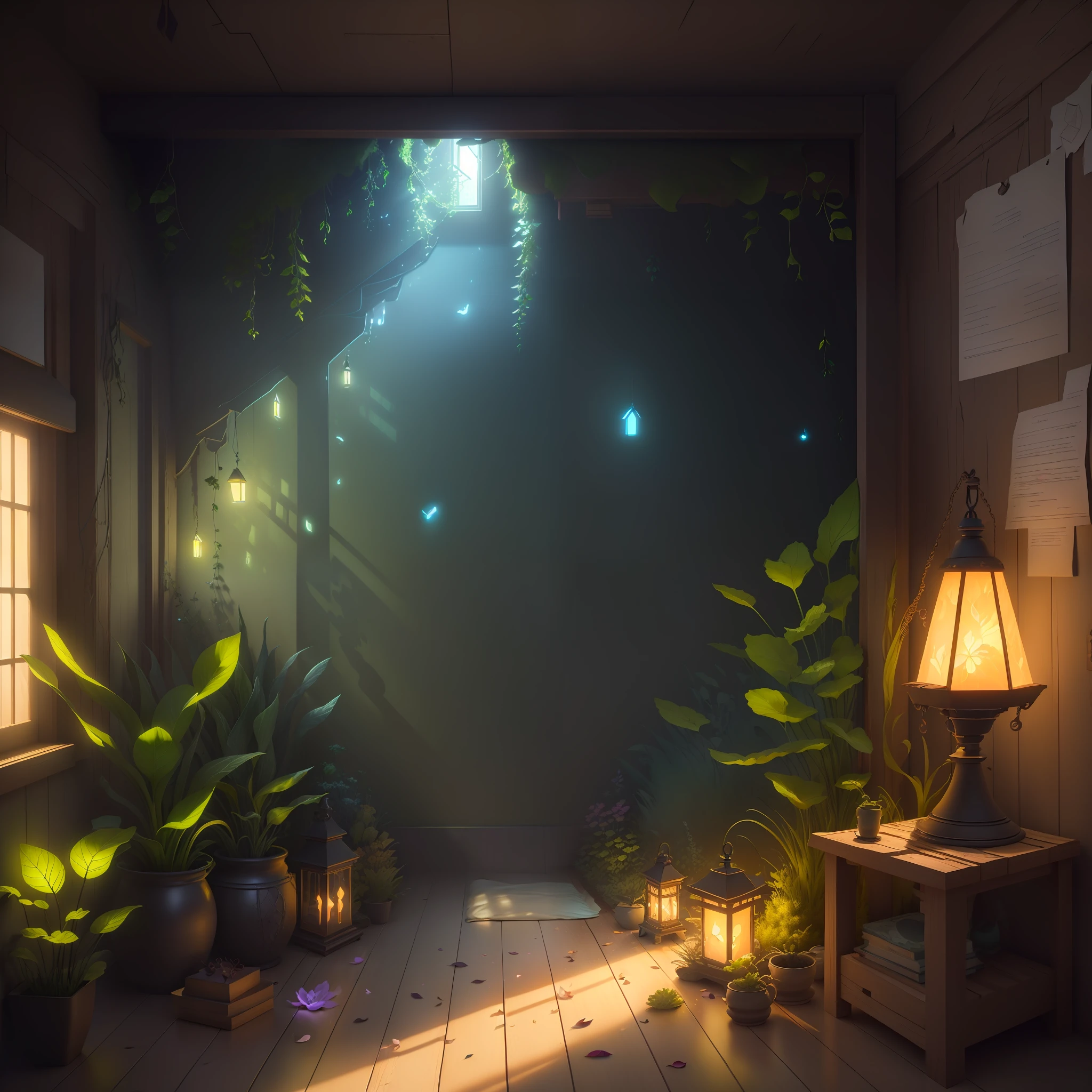 Masterpiece, best quality, (very detailed CG unity 8k wallpaper), (best quality), (best illustration), (best shadow), a mossy radish house, warlight surrounding the room, fireflies, petals, glowing windows, isometric 3D, Octane rendering, ray tracing, ultra-detailed