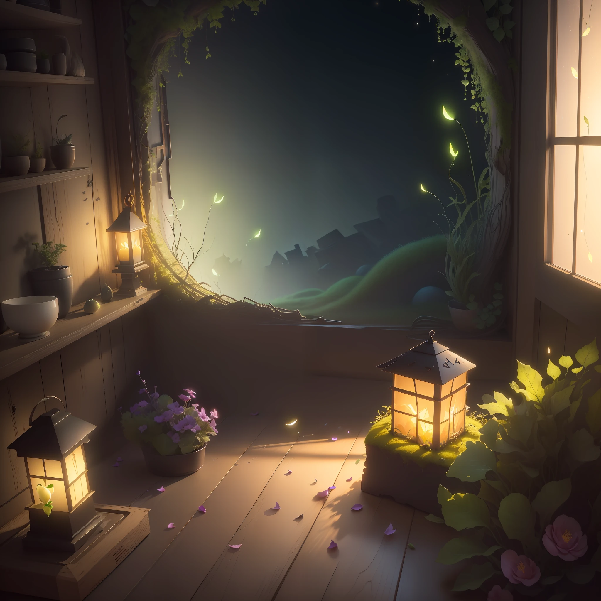 Masterpiece, best quality, (very detailed CG unity 8k wallpaper), (best quality), (best illustration), (best shadow), a mossy radish house, warlight surrounding the room, fireflies, petals, glowing windows, isometric 3D, Octane rendering, ray tracing, ultra-detailed