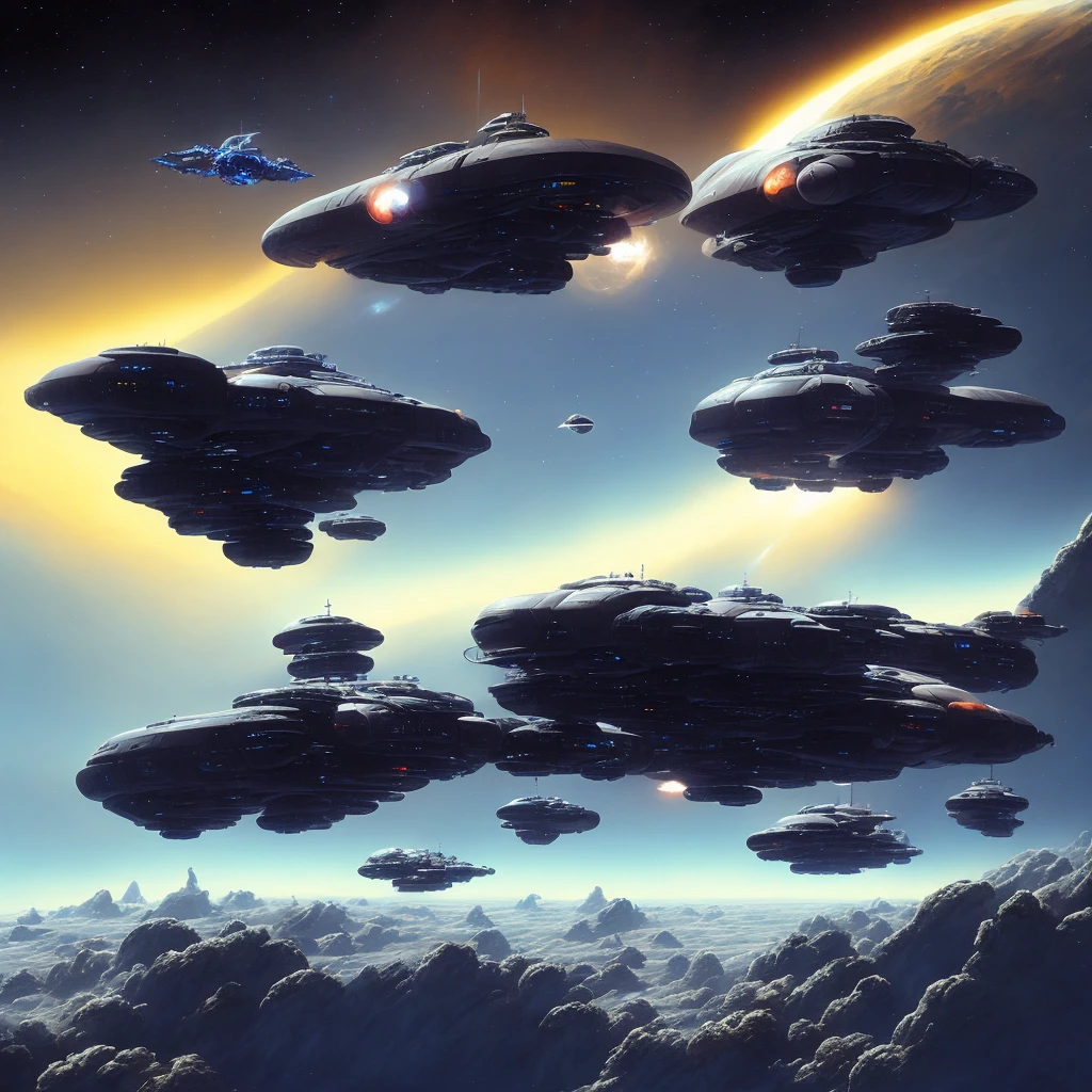 spaceship flying over a planet with a blue sky and stars, big ship in space, on the nostromo, nostromo, alien homeworld, epic megaship, dyson ship in space, inspired by Peter Elson