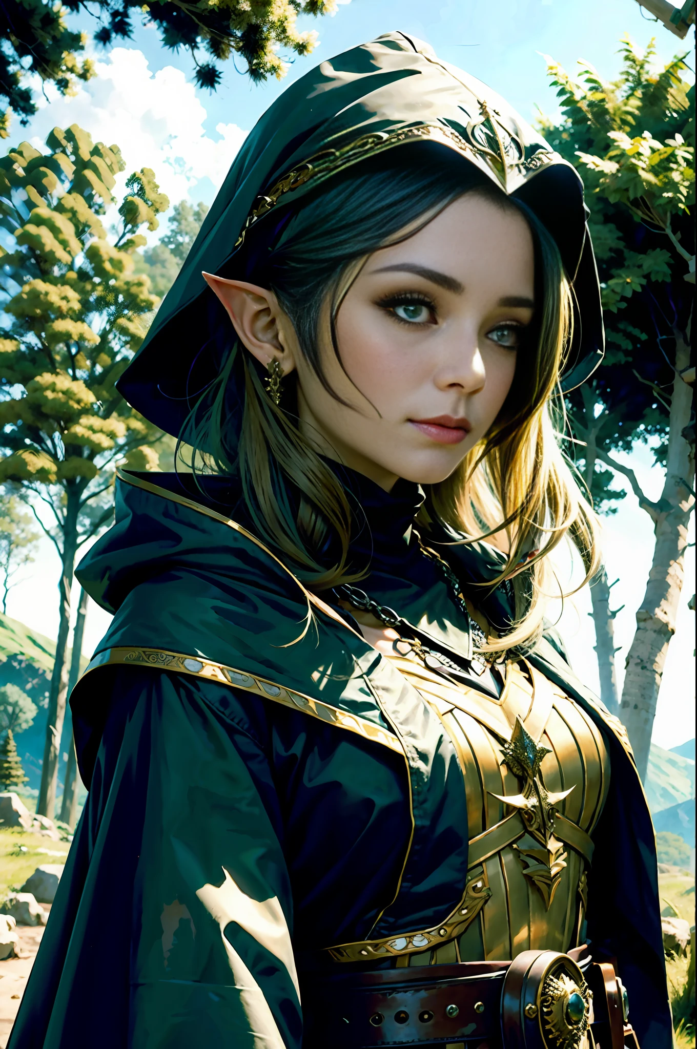 best quality , masterpiece, close up portrait, 1girl, elven armor, dark cloak hood over head, outdoors, nature, wilderness, look at viewer