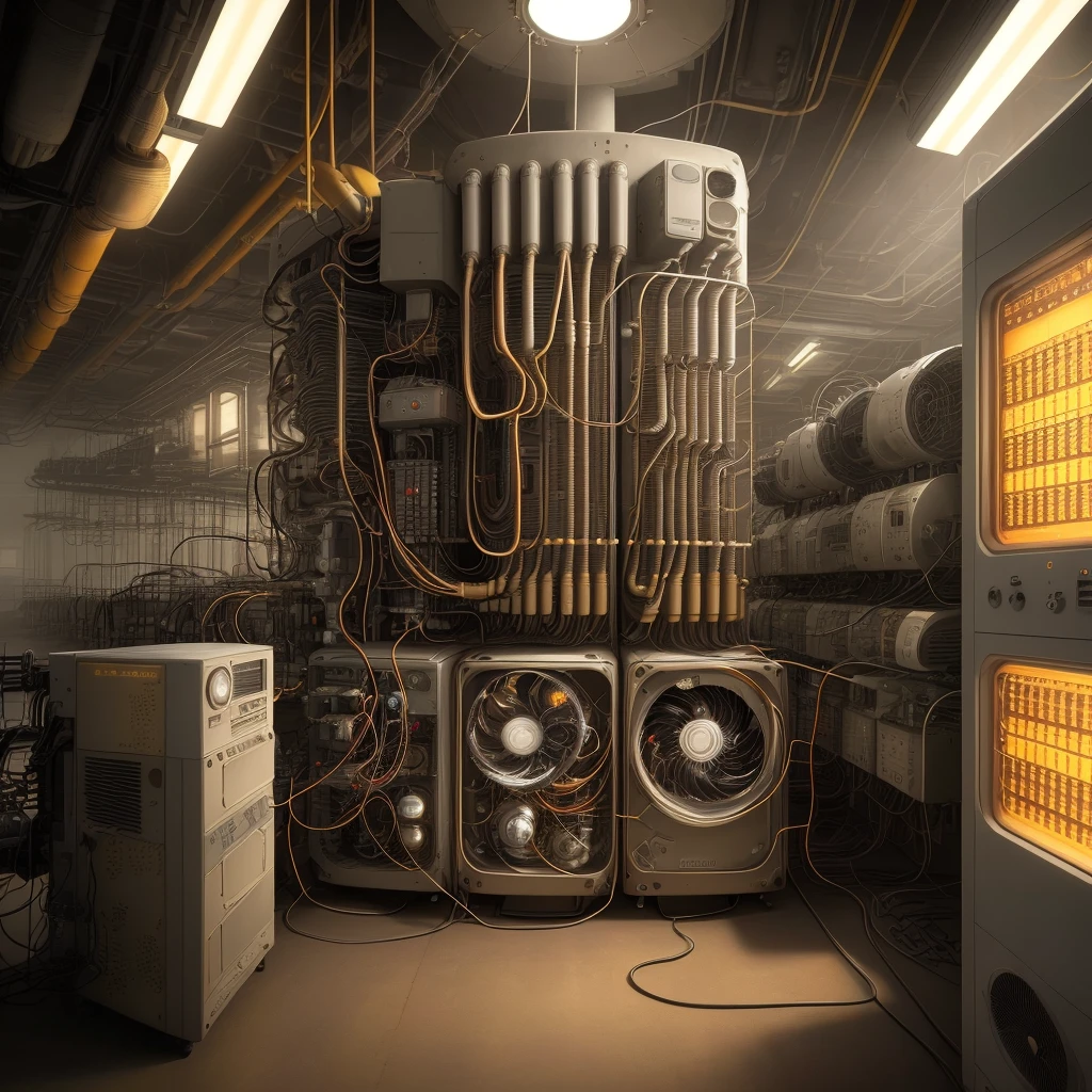 It generates an image that portrays AC, a robust-looking and antique supercomputer. The machine is constructed of heavy, aged materials such as rusty metal and worn panels. Its design shows exposed mechanical indicators, levers and gears, highlighting its nature The dim and warm lighting highlights the details of the machine and creates a nostalgic atmosphere. Additional elements, such as tangled cables and vacuum tubes, help reinforce AC's old, retro look. The image conveys a sense of history and presence, evoking the idea of an iconic supercomputer that has been around over time. Rudimentary and old computer