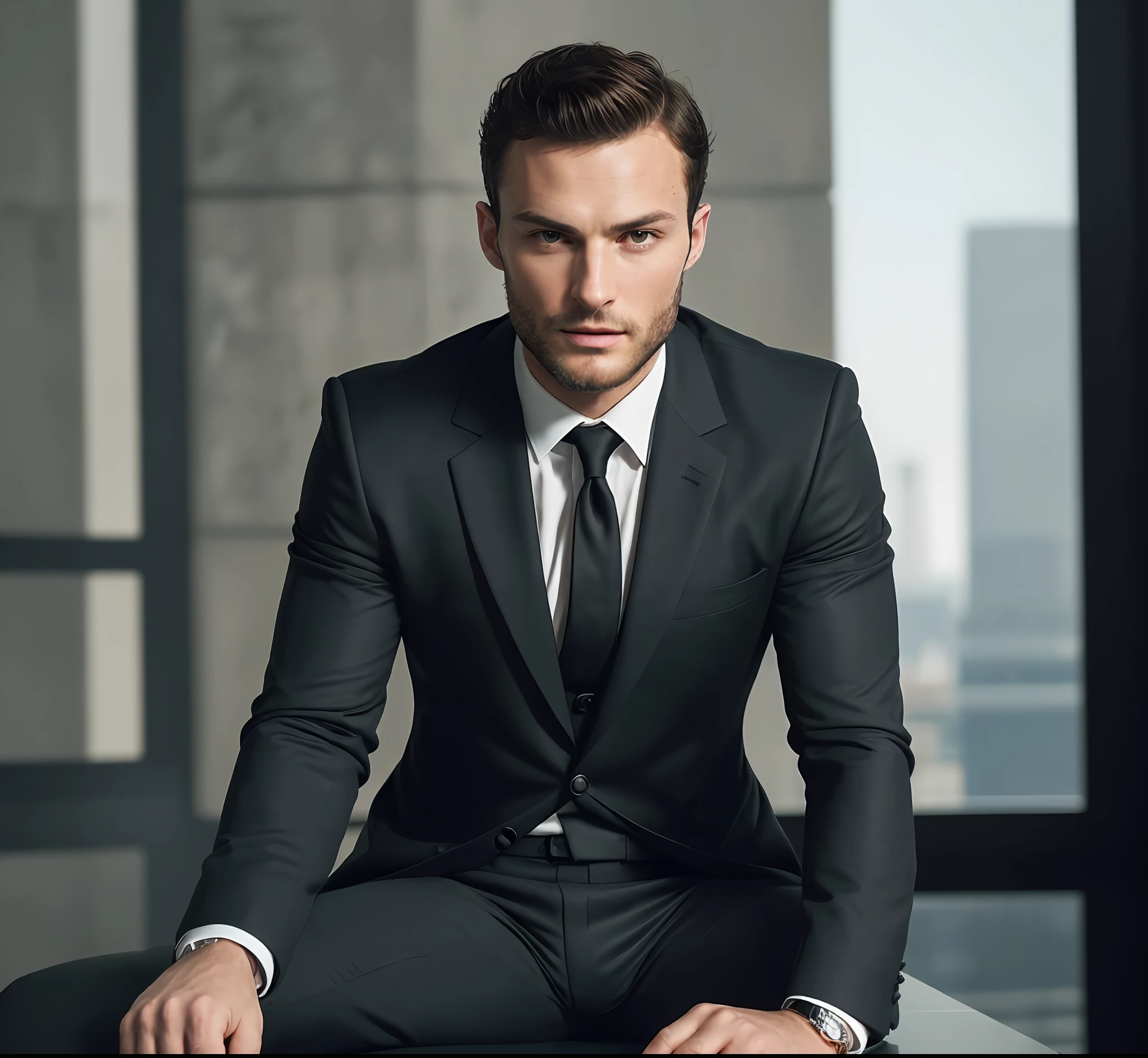 (create a ceo wearing black suit without tie), (brunette tanned with model face), with thick and masculine eyebrows, man style secret agent 007, ( wearing beard, ) short dark hair, stylish and elegant, body shaved and strong fit in the suit, show body, man similar to actor jamie dornan, (high quality and realistic image), in the background of the image city of london, cinematic style, ((Best quality, 8k, Masterpiece).