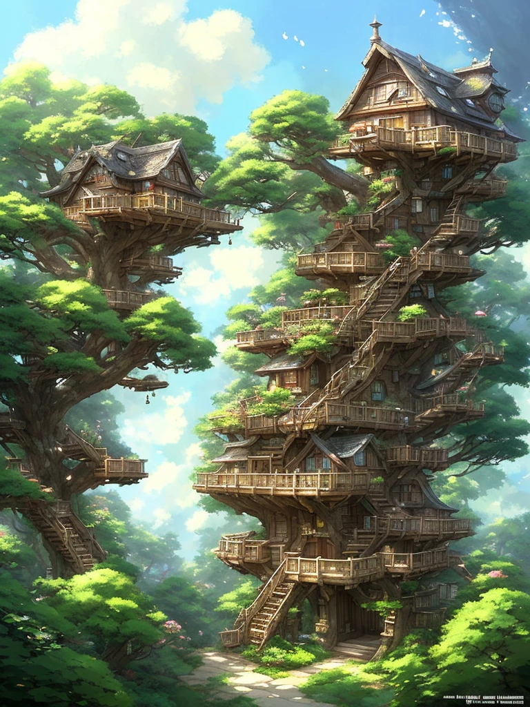 a tree house with a staircase leading to a balcony and a staircase leading to a second floor, concept art by Yoshihiko Wada, pixiv contest winner, fantasy art, cyberpunk tree house, tree house, treehouse, bonsai tree house, ghibli studio style, tree town, studio ghibli scheme, ghibli studio anime style, pine treehouse, ghibli studio art, ghibli art style