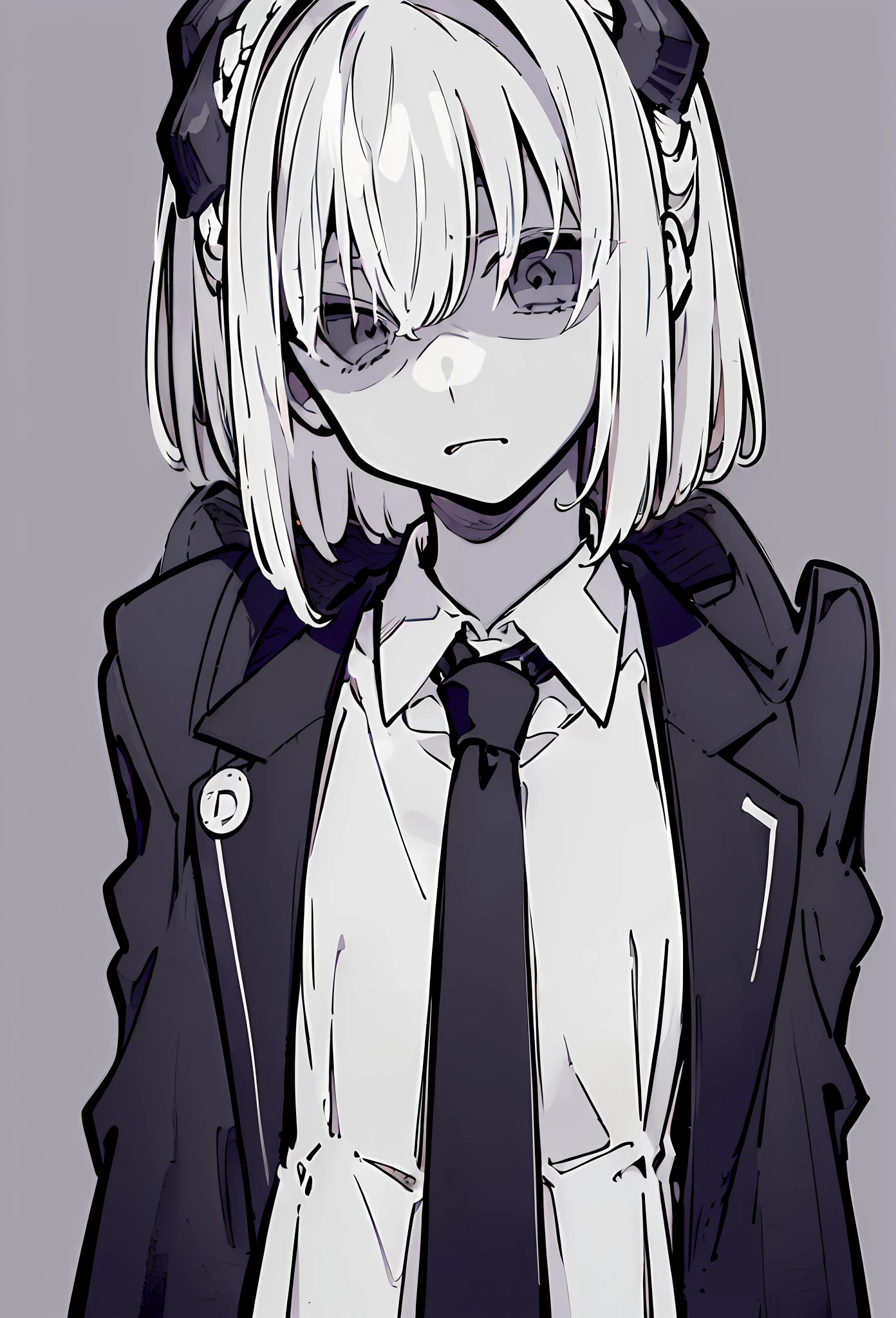 (((in the style of Tanya the Devil))), (((masterpiece, illustration, strong outlines)), monochrome, chiaroscuro, (simple background, transparent background, exotic simple background), a japanese girl, suit, black jacket, white shirt, black necktie, serious face, (shaded face:1.3), hair between eyes, dead eyes, white hair, french braid, short hair, high contrast