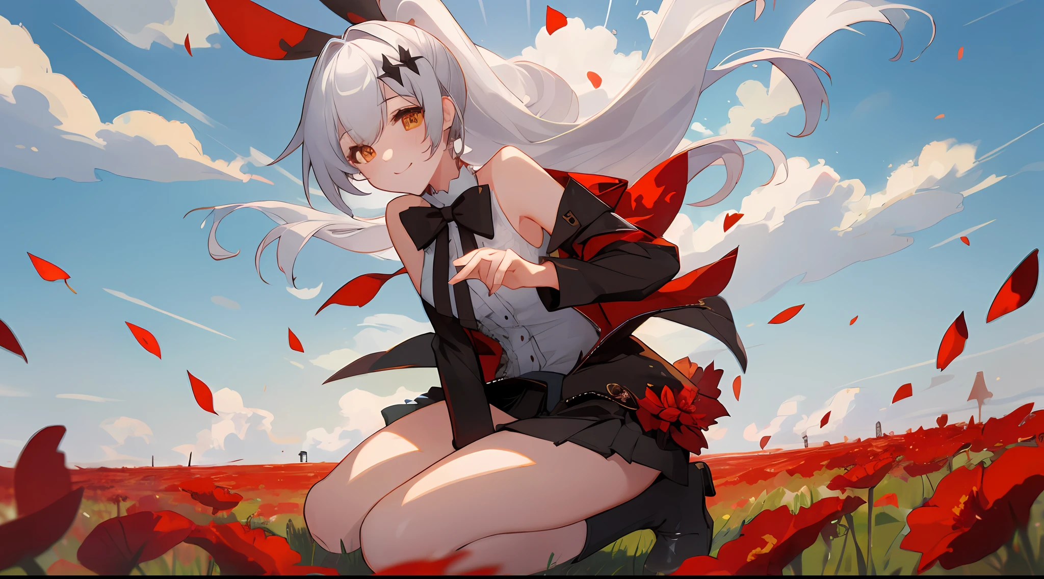 (Extremely detailed 8k CG wallpaper), (masterpiece), (best quality), (ultra detailed: 1.3), (best illustration), ((high resolution)), (sharp eyeliner), eye shadow, (detailed eyes: 1.2), (fiveseven: 1.2), (1girl), long ponytail, silver hair, (black jacket on shoulder), (black pleated skirt), ((red flower field background)), day, ((sky)), outdoor, clouds, daylight, depth of field, sunbeam, red flower petal in the air, charming smile, sleeveless top, full body