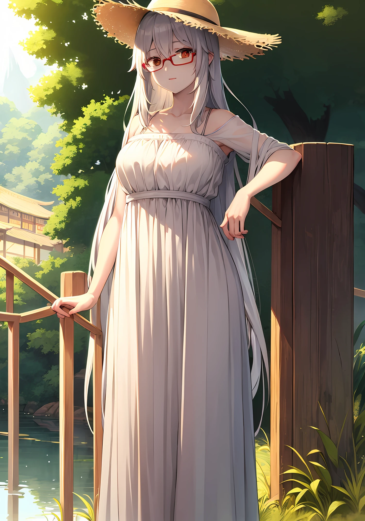 masterpiece, best quality, high resolution, hachishaku-sama,beauty,sister,fair skin,tall,long hair,white hair,white dress,straw hat,red frame glasses,yellow eyes,country rice paddy road,dusk,