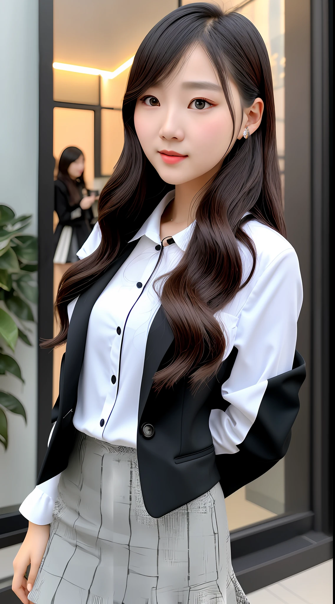 best quality, masterpiece, 1girl, Beautiful face, (photo realistic:1.3), rim lighting, (high detailed skin:1.2), 8k uhd, dslr, high quality, high resolution, 4k, 8k, Bokeh,  absurdres, best ratio four finger and one thumb, (realistic:1.3), ulzzang, cute kawaii 1girl, wearing black formal blazer, medium breasts, short skirt,