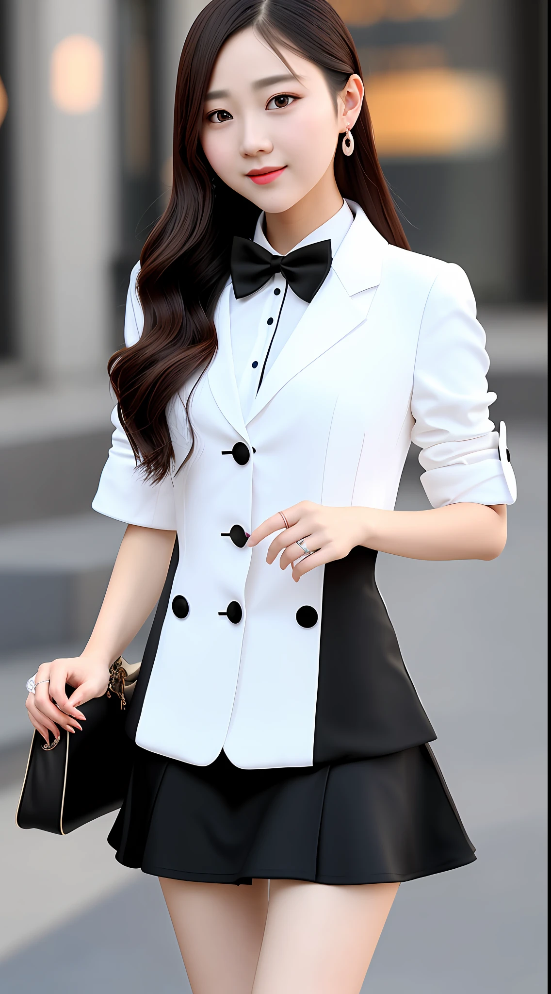 best quality, masterpiece, 1girl, Beautiful face, (photo realistic:1.3), rim lighting, (high detailed skin:1.2), 8k uhd, dslr, high quality, high resolution, 4k, 8k, Bokeh, absurdres, best ratio four finger and one thumb, (realistic:1.3), ulzzang, cute kawaii 1girl, wearing black formal blazer, medium breasts, short skirt,