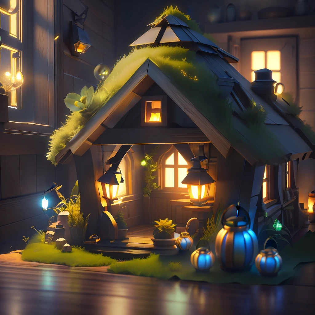 there are two small lanterns sitting on a table in a room, stylized 3d render, 3 d render stylized, 3 d stylize scene, fantasy atmospheric lighting, (octane render) fantasy style, glowing lights! digital painting, cozy night fireflies, cute 3 d render, stylized as a 3d render, realistic fantasy render, atmospheric render