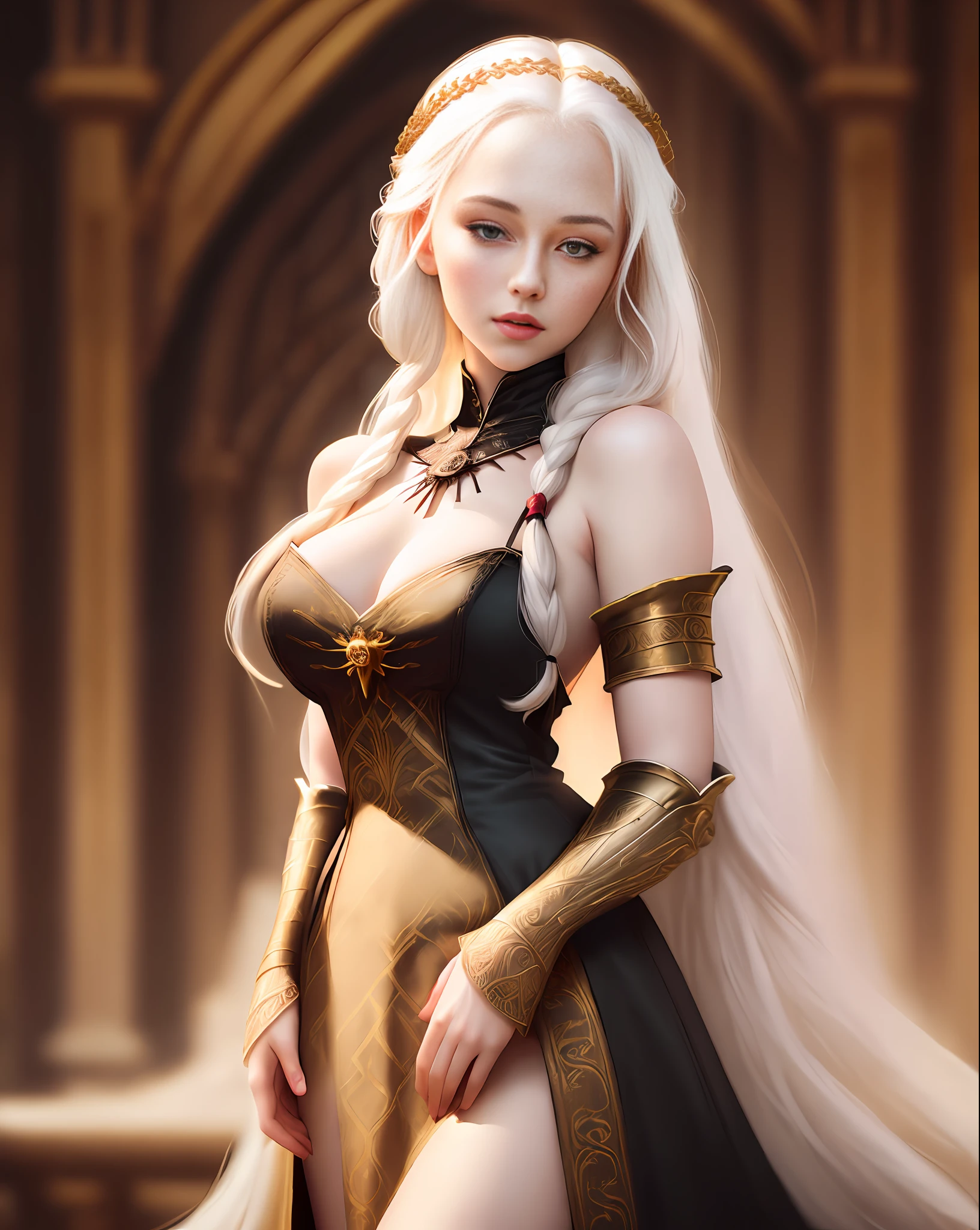 Milly Alcock (Rhaenyra Targaryen), large breasts, pale skin, stunning beauty, perfect face, rosy cheeks, sensual, provocative, long white hair, braid in hair, a long and low-cut black dress, decorated with gold details, long neckline, (a beautiful medieval castle rich in detail, luxurious, great halls, red tans), (Best quality, blurred background, masterpiece, depth of field, 85mm lens, blur at f1.4, Full HD, 4K, richness of detail). Portrait style