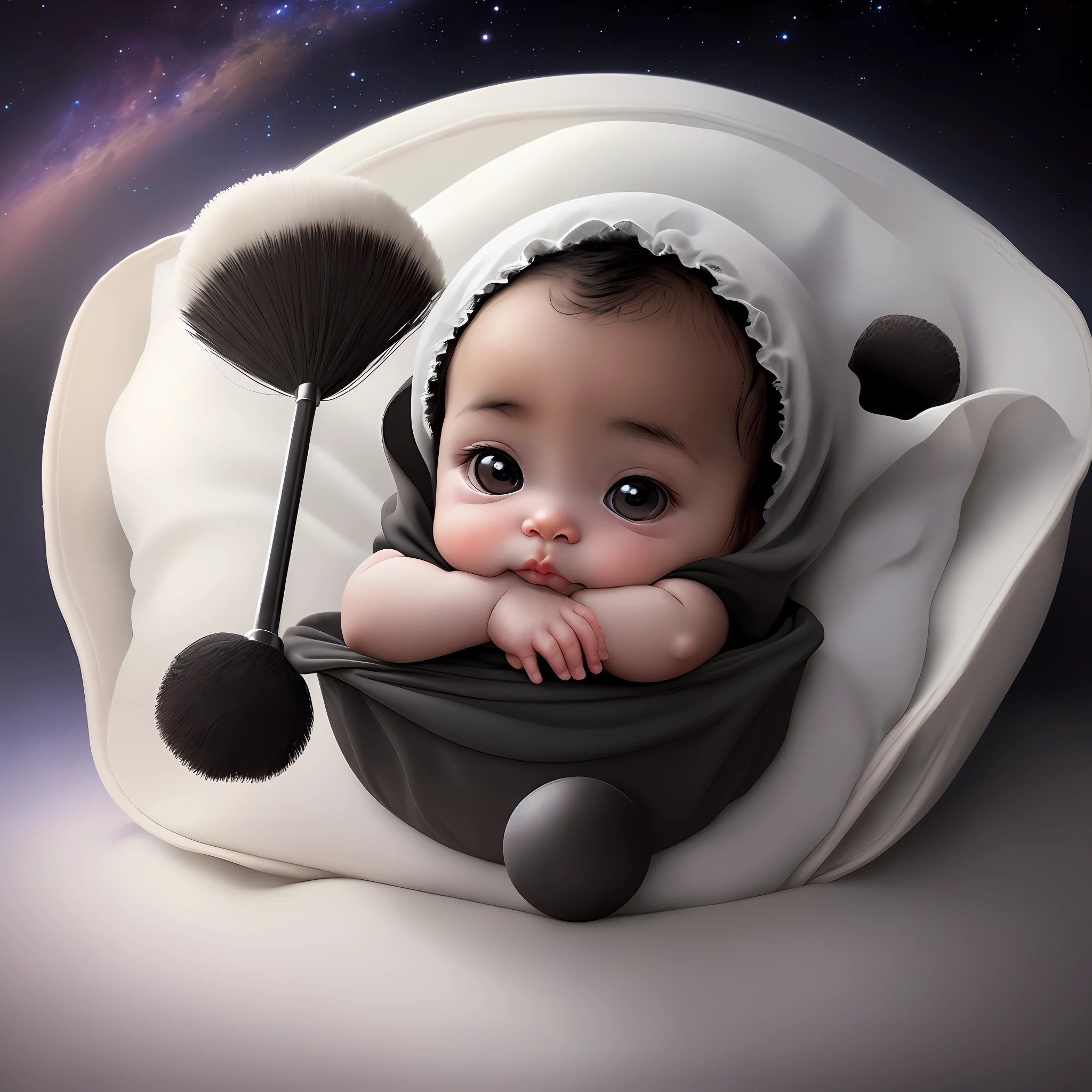  black, only with diaper, black rounded eyes, leaning against a silvery white cushion, holding a brush, in the background the planet Earth with galactic background