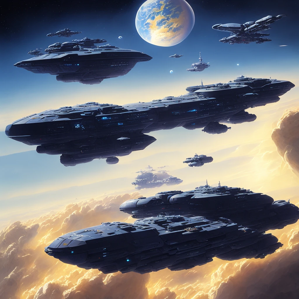 spaceship flying over a planet with a blue sky and stars, big ship in space, on the nostromo, nostromo, alien homeworld, epic megaship, dyson ship in space, inspired by Peter Elson