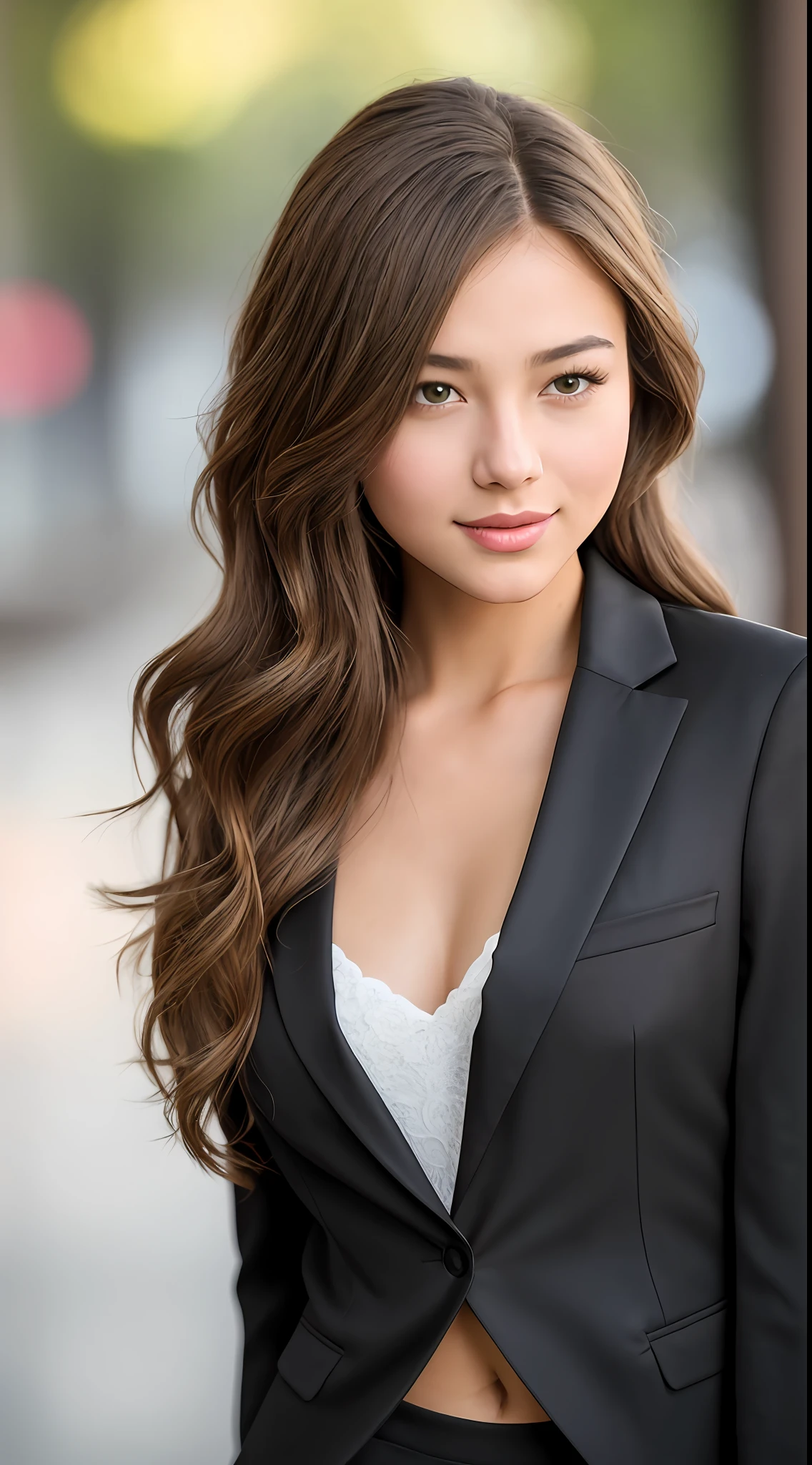 best quality, masterpiece, 1girl, Beautiful face, (light brown hair), (photo realistic:1.3), rim lighting, (high detailed skin:1.2), 8k uhd, dslr, high quality, high resolution, 4k, 8k, Bokeh, absurdres, best ratio four finger and one thumb, (realistic:1.3), cute 1girl, wearing black formal blazer, medium breasts, short skirt,